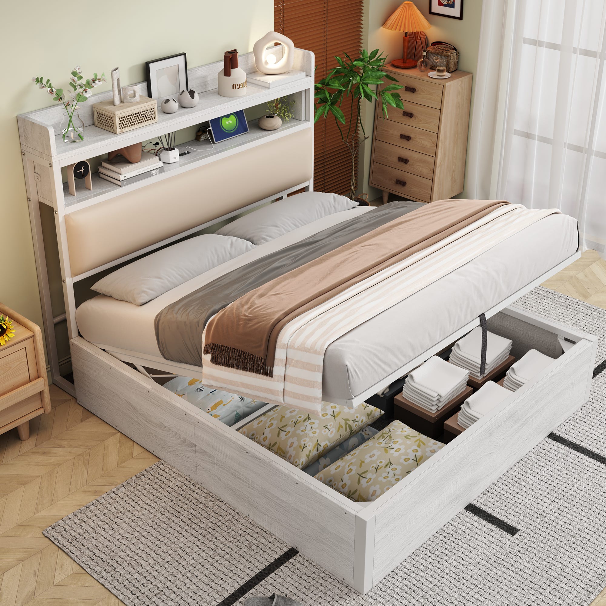 Letto imbottito 140 x 200 cm con funzione di ricarica USB e testiera con LED e 4 cassetti, struttura letto matrimoniale, con rete in legno, materiale di lino, senza materasso, grigio scuro Letto imbottito 140 x 200 cm con funzione di ricarica USB e testiera con LED e 4 cassetti, struttura letto matrimoniale, con rete in legno, materiale di lino, senza materasso, grigio scuro