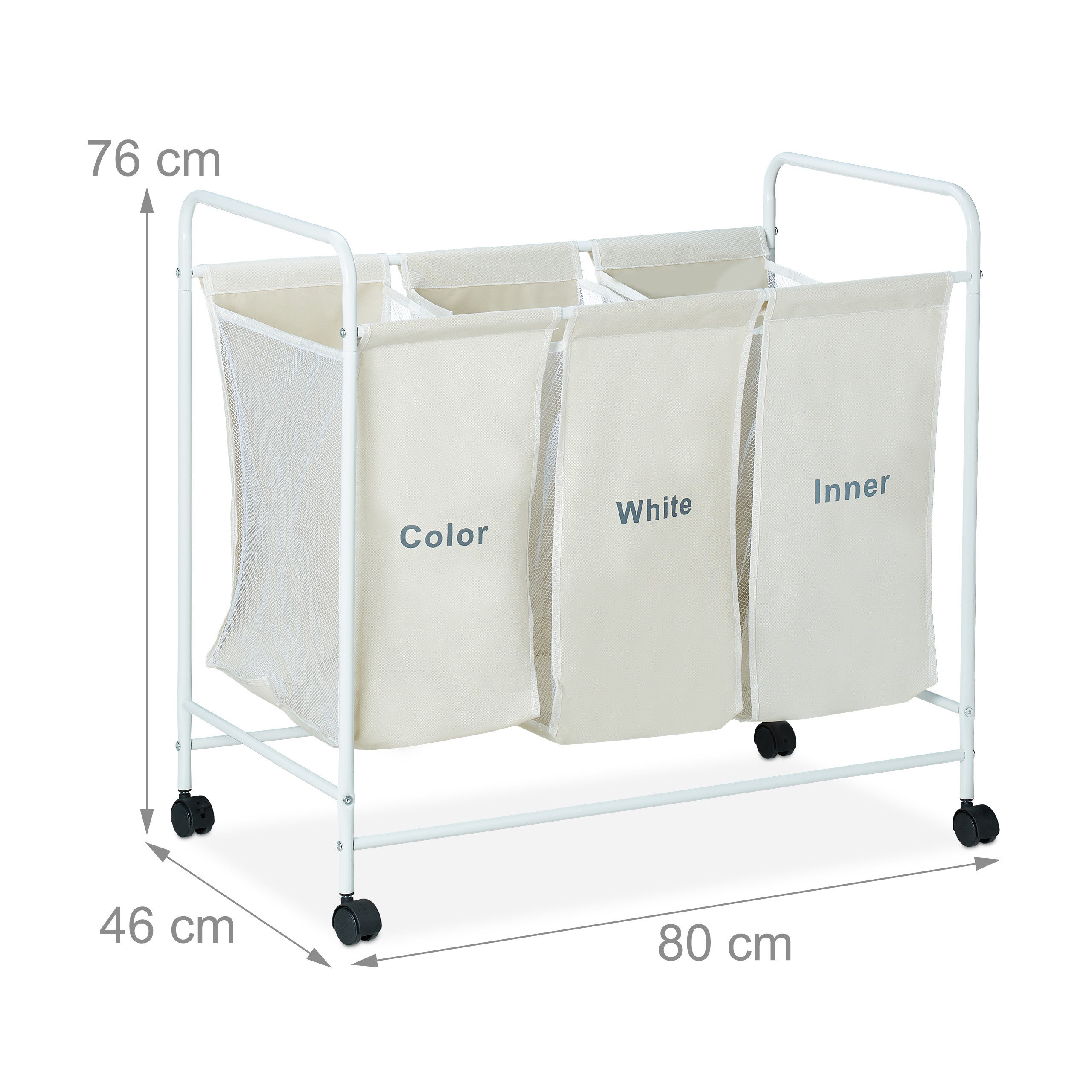 Panier à linge 3 Compartiments, 100 litres Corbeille 3 bacs Sac a Linge roulettes, 76 x 80 x 46cm, beige, Relaxdays - 4