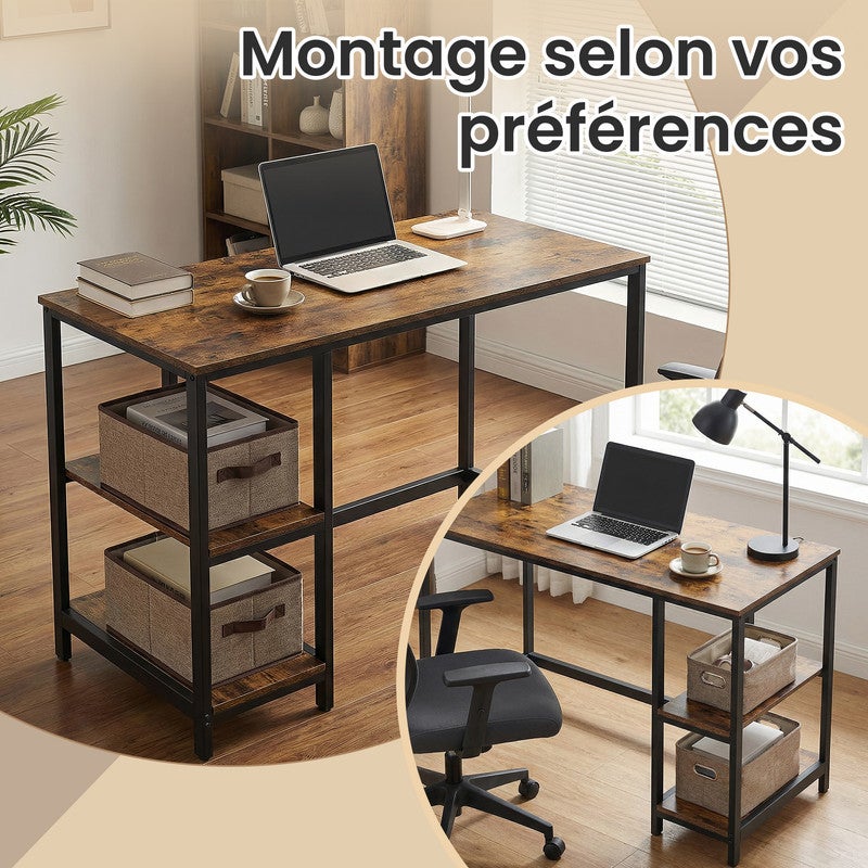 Table d’Ordinateur, Bureau avec Rangement, avec 2 Étagères Réversibles, Poste de Travail, Cadre en Acier, Style Industriel, Marron et Noir - 4