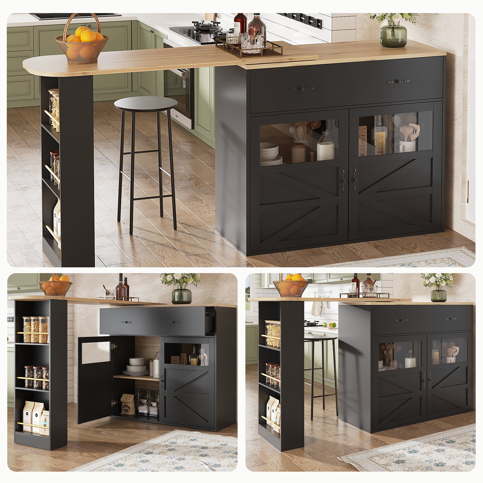 Rozsuwana szafka barowa z 2 drzwiami, 2 szufladami i 3 półkami - 138-204 x 39 x 104 cm - MDF - Czarny