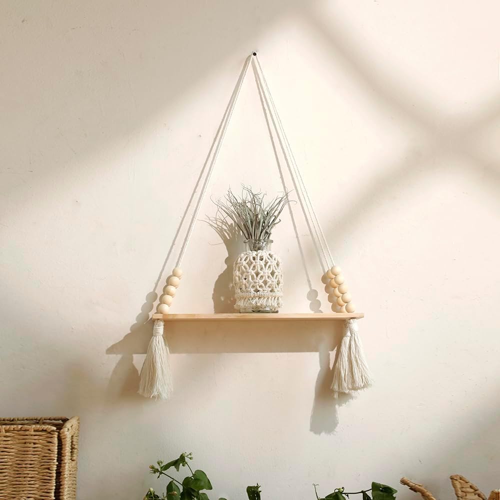 Lot de 2 étagères murales en bois - Étagère suspendue en macramé avec pompon, étagère flottante de rangement bohème, support pour plantes suspendu - 3