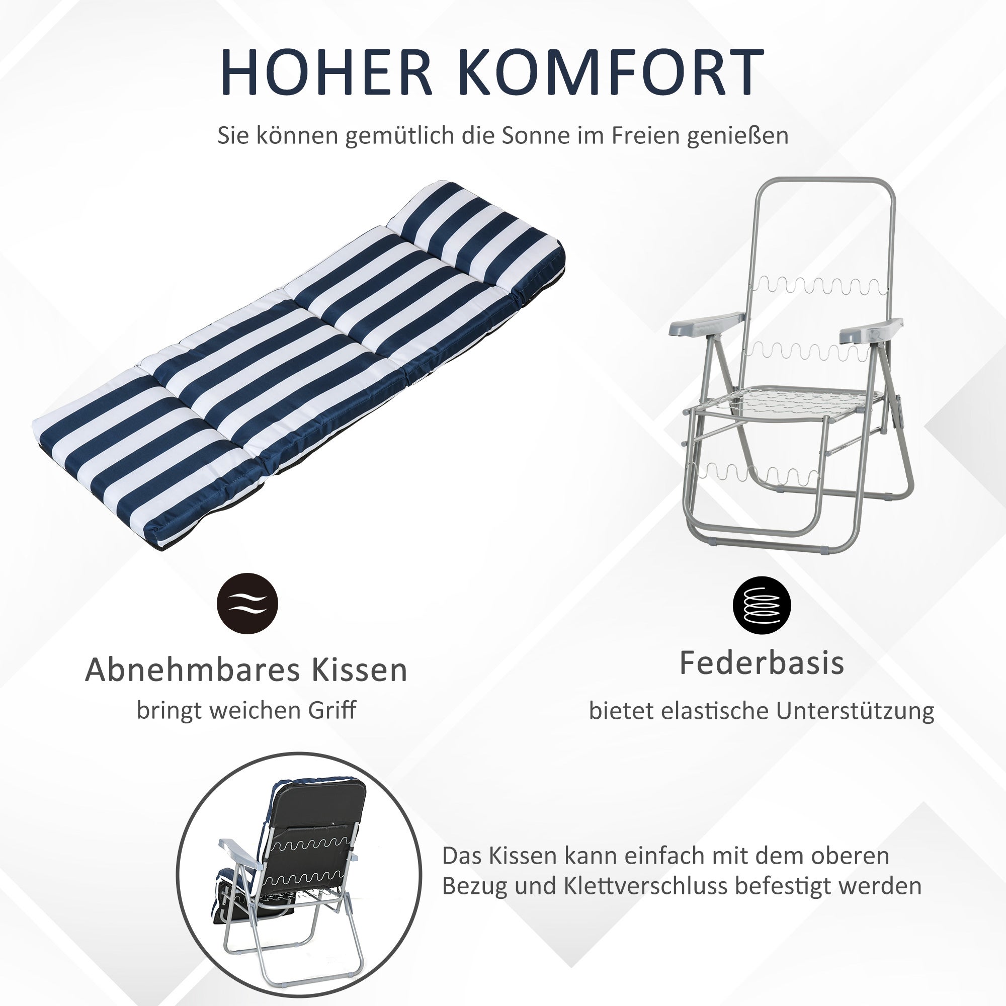 Lot de 2 chaises longues pliantes avec accoudoirs, pliables, 5 positions, coussin, bleues, 60 x 75 x 102 cm - 7