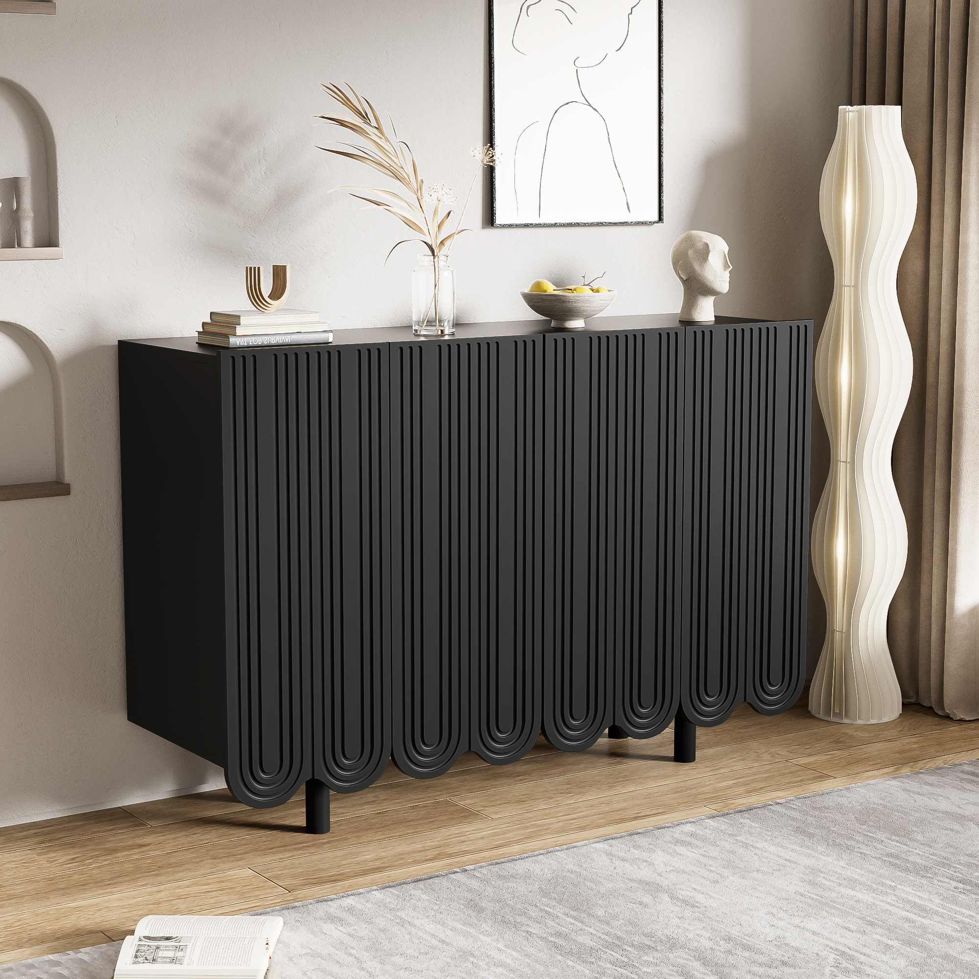 Komoda z 4 profilowanymi drzwiami - 120 x 37,5 x 80,8 cm - Płyta wiórowa - Kształt łzy - Czarny