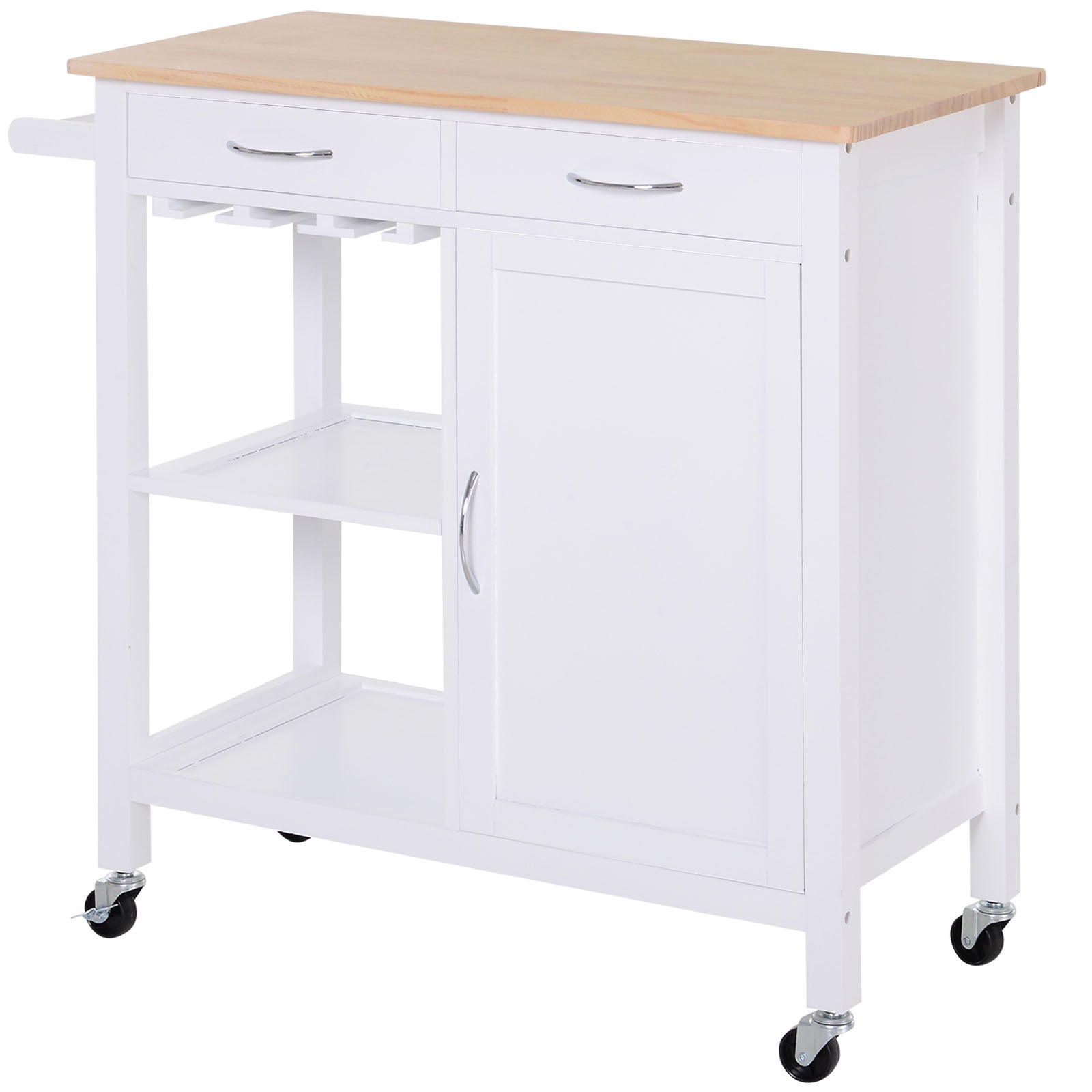 Carro cocina multiusos con ruedas 88x40x86cm blanco madera natural - 2 cajones armario estantes