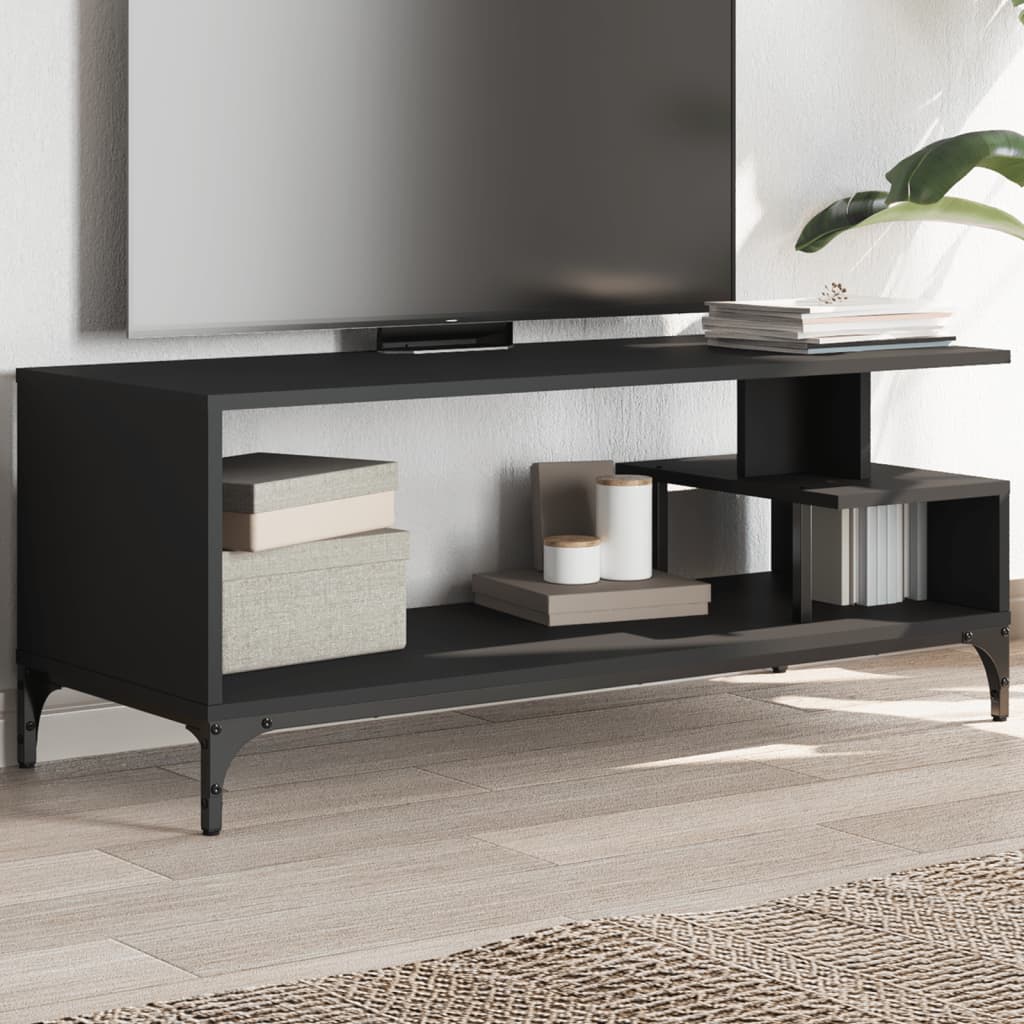 Meuble TV Noir En Bois D'ingénierie - 102x35x45,5 Cm - 3 étagères, Pieds Métal - Design Moderne Pour Salon
