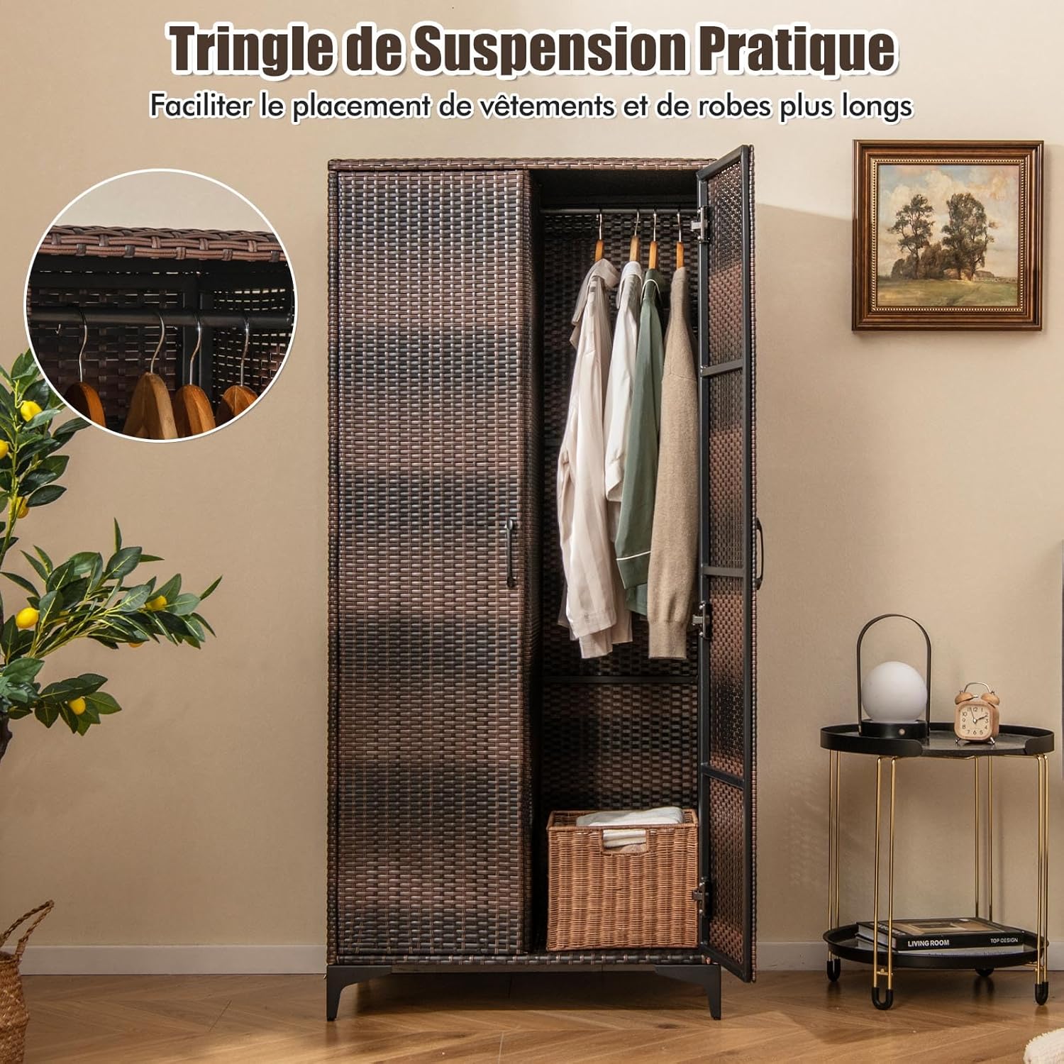 Armoire de Rangement, Armoire Intérieure en Osier PE, 4 Compartiments, Armoire Tringle Penderie, Armoire Extérieure,72 x 50 x 157 cm (Marron) - 7