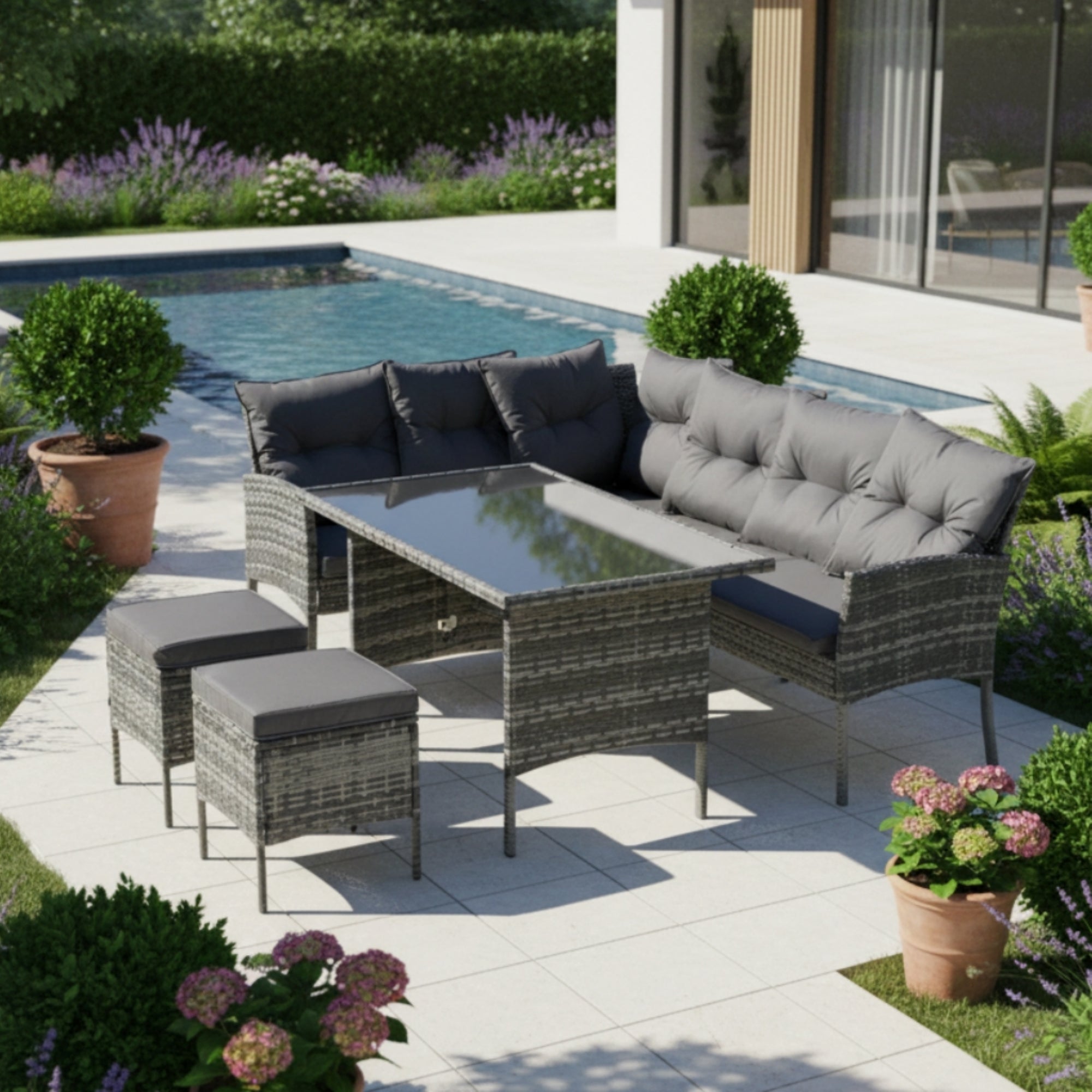 Salon de jardin en fer forgé pour 7 personnes, canapé de jardin modulable tressé, mobilier pour balcon et terrasse, avec coussins gris - 8