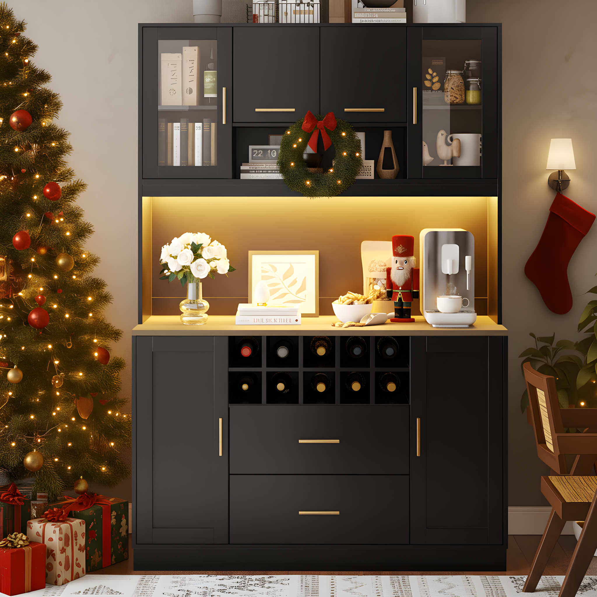 Kredens kuchenny z 6 drzwiami, 2 szufladami i stojakiem na 10 butelek wina - 120 x 36,3 x 180 cm - diody LED i port ładowania - czarny