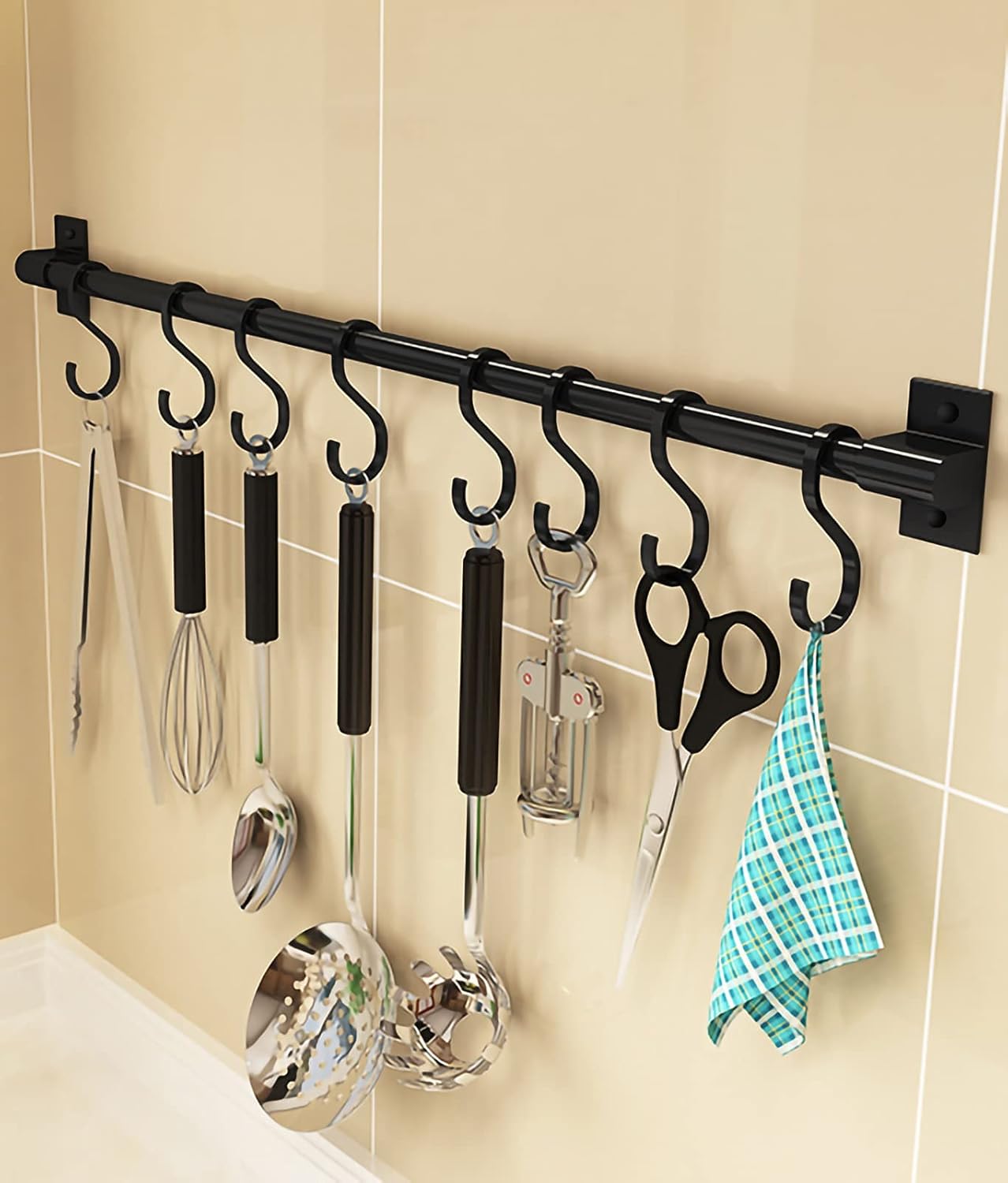 Gancho de cocina curvo para montar en la pared, sin perforaciones, negro, baño, cocina, estante de almacenamiento, accesorios no incluidos (6x50cm) - 2