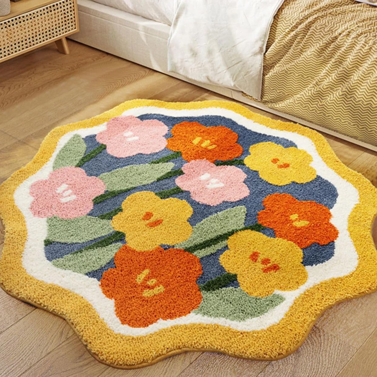 Tapis De Sol En Forme De Fleur En Fausse Laine - Lavable, Antidérapant, Diamètre 80 Cm, Couleur Beige Pour Salon/salle à Manger - 4