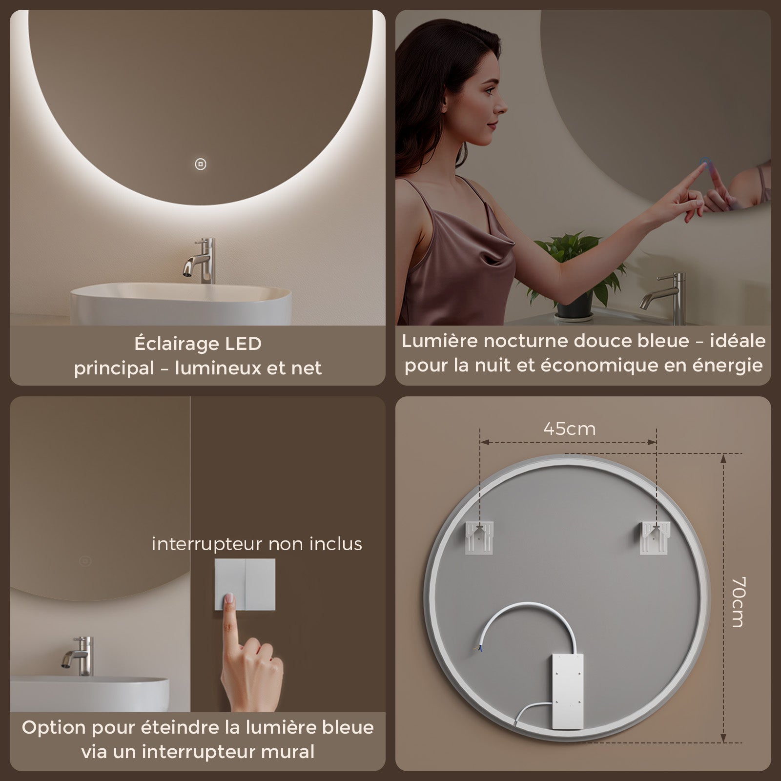 S'AFIELINA Miroir salle de bain miroir lumineux Rond Miroir Mural avec Interrupteur Tactile Blanc Froid 6500K 70cm - 8