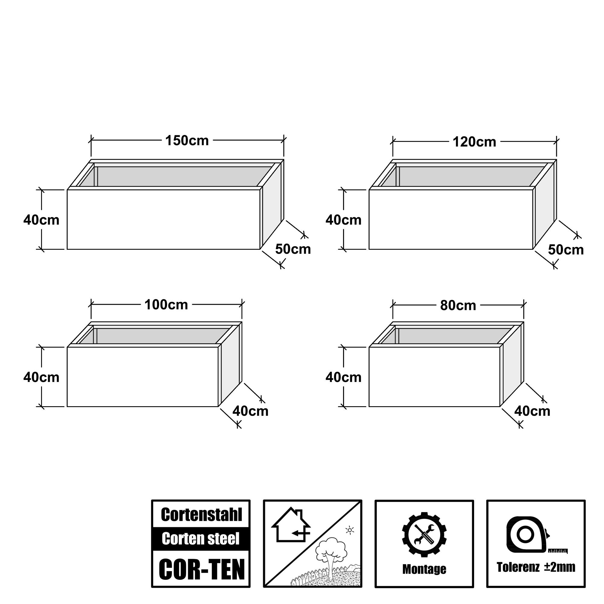 Köhko® Jardinière design (avec fond) en acier Corten Jardinière QUADER 100x40x40 cm - 3