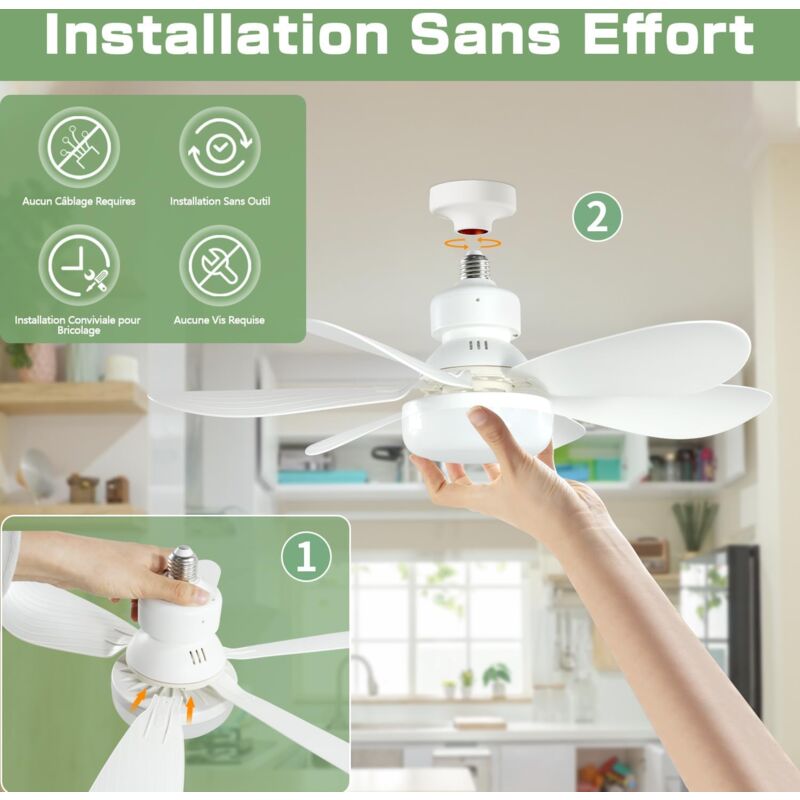 52cm Silencieux avec Lumière et Telecommande, 40W Lampe Ventilateur Plafond avec Douille E27, Dimmable LED Ventilateur Plafond, 3 Vitesses, 6 Pales - 5