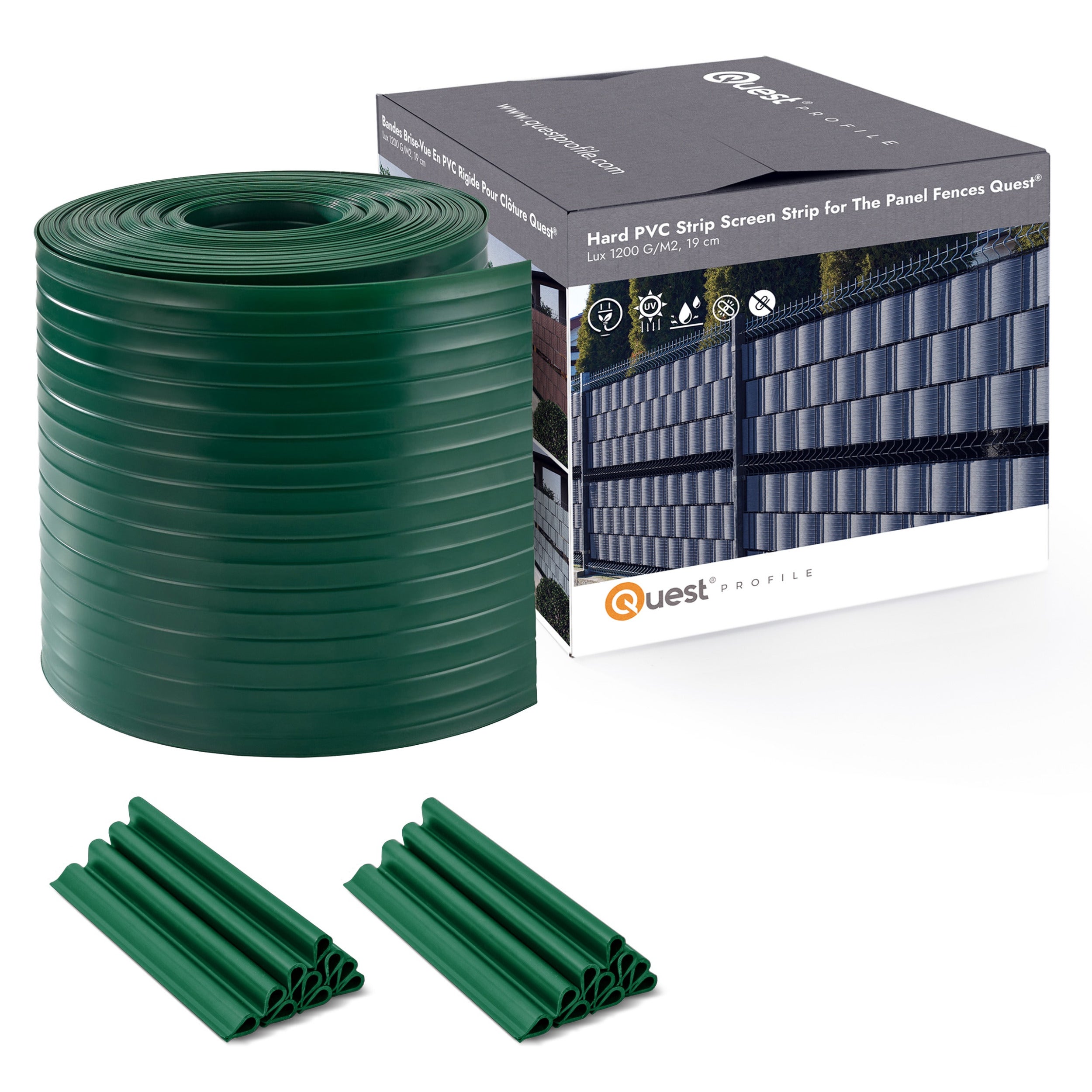 QUEST Taśma ogrodzeniowa PCV 19cm, listwa do ogrodzeń panelowych premium, 900 g/m2, RAL6005, zielony, 26 m + 20 x klipsy