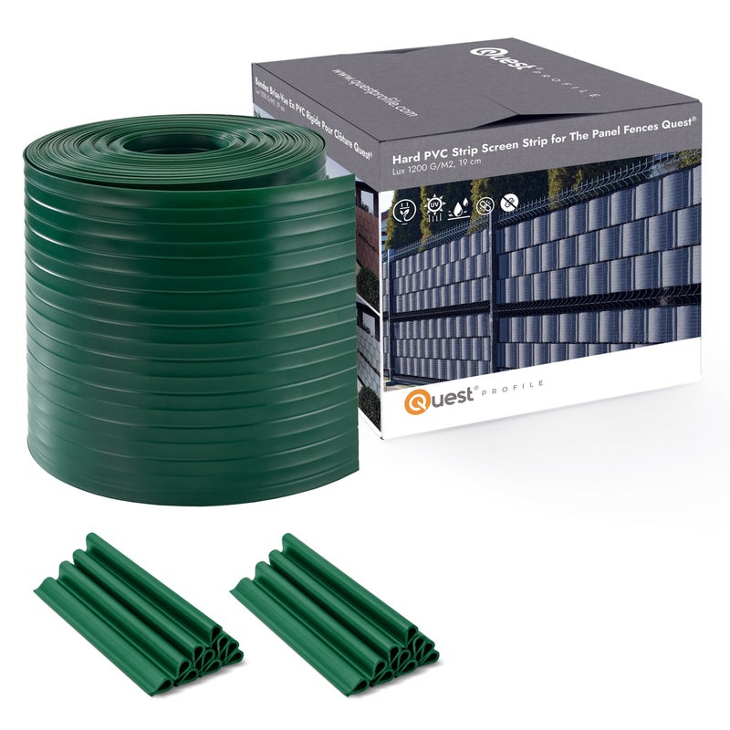 QUEST Taśma ogrodzeniowa PCV 19cm, listwa do ogrodzeń panelowych premium, 900 g/m2, RAL6005, zielony, 26 m + 20 x klipsy