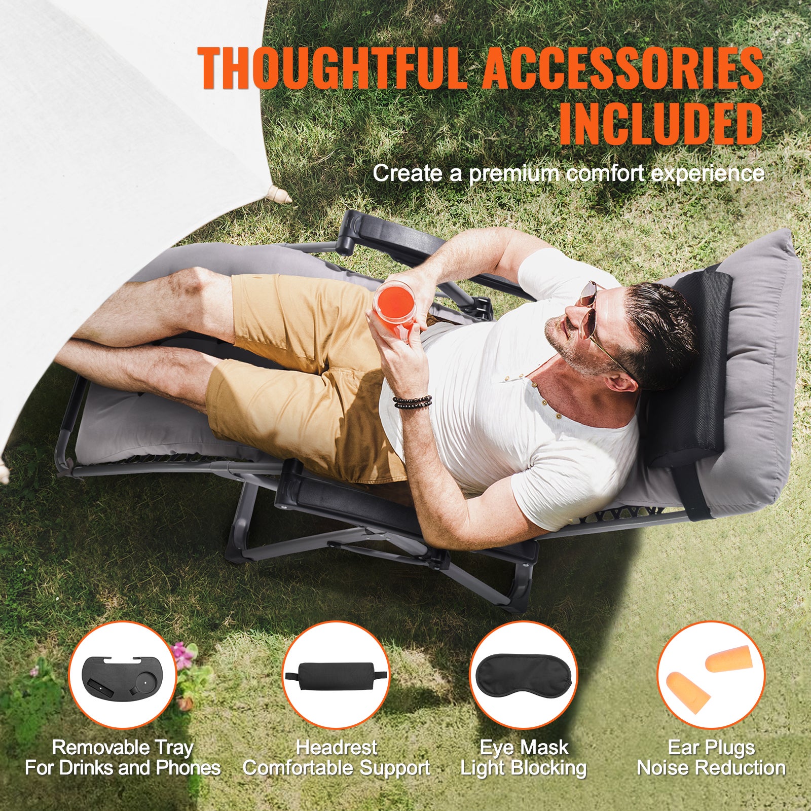 Fauteuil inclinable Zero Gravity,VEVOR 645 mm,inclinable,réglable,avec coussin de siège,appui-tête,repose-pieds,porte-gobelet,500 lb,gris - 6