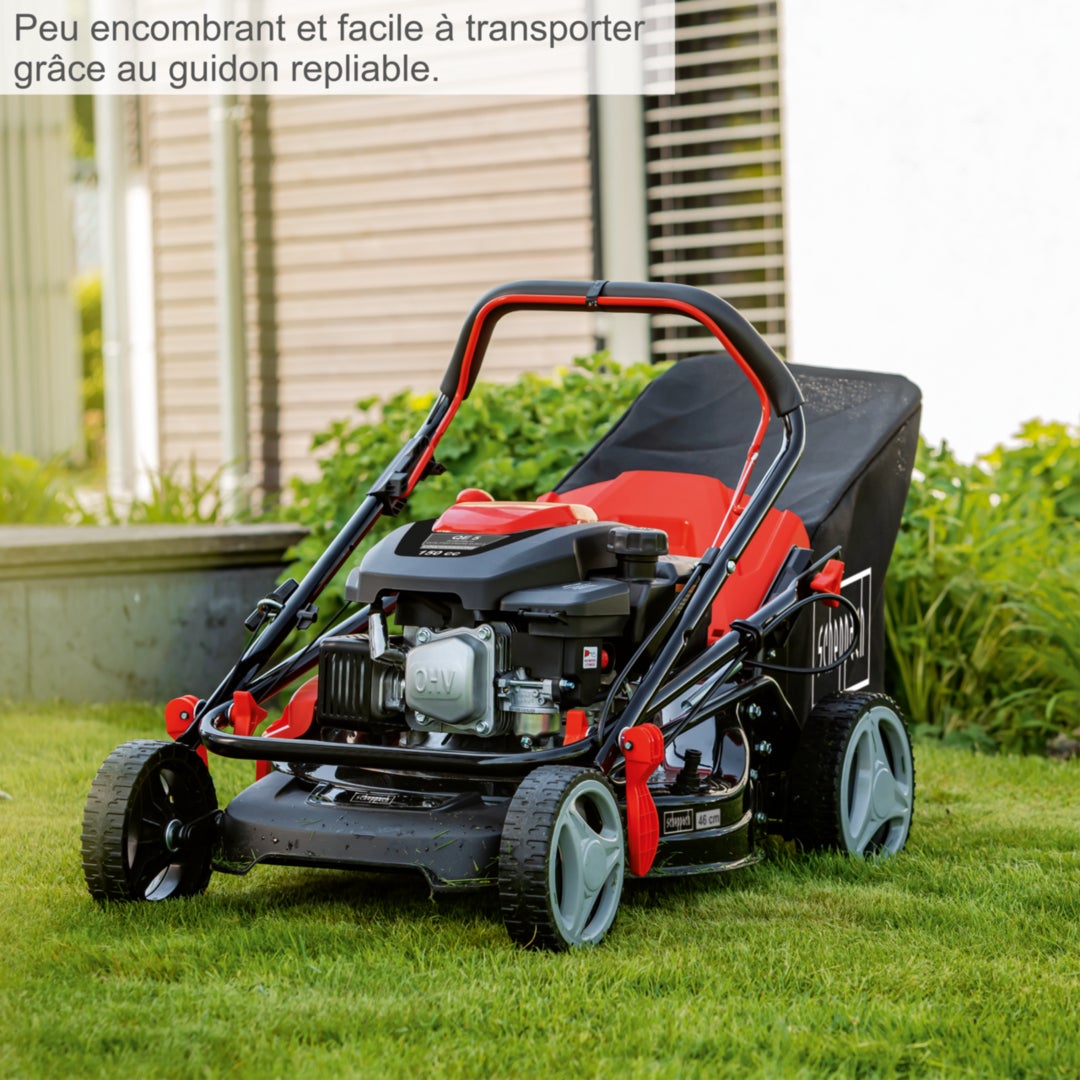 Scheppach Tondeuse thermique MP150-46 - moteur 4 temps - 150 cm³ - largeur de coupe 46 cm - 1000 m² - hauteur de coupe 25-75 mm - bac 55L - 5