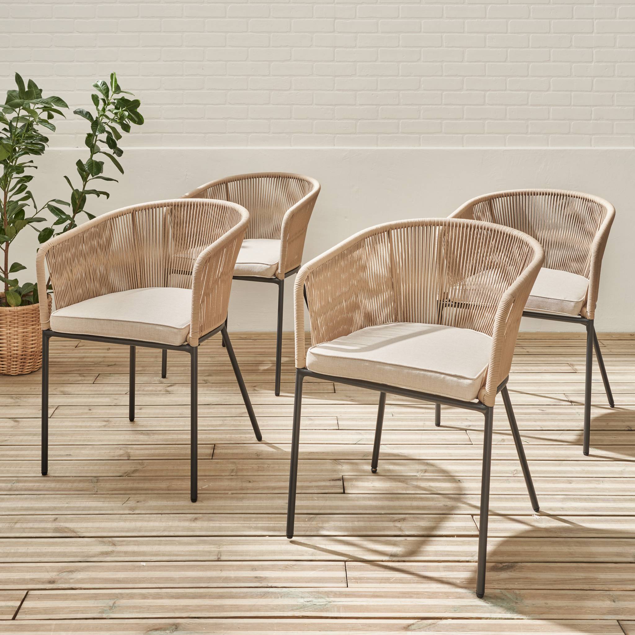 Lot de 4 fauteuils de jardin en corde beige et acier galvanisé. coussin beige SANTOS - 2