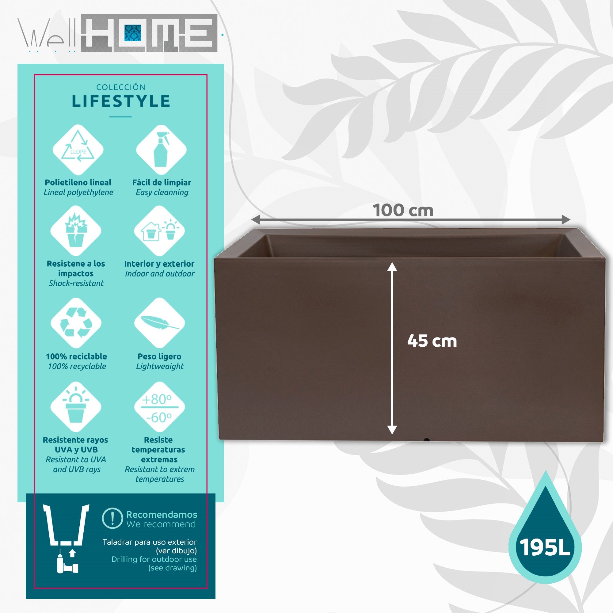 Vaso de polietileno de 195 litros, 100x45cm, WellHome - 2
