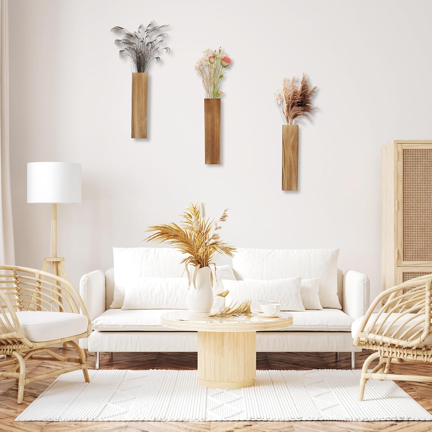 Lot de 3 vases muraux, en bois, modernes, pour plantes d'intérieur, décoration d'intérieur, pots de fleurs séchées et plantes vertes - 3