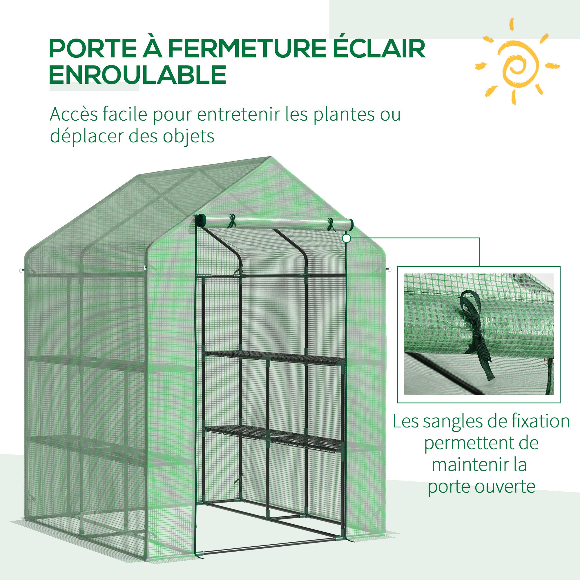 Serre de jardin à 3 étagères, petite serre de balcon en bâche PE renforcée 140 g/m², 143 x 138 x 190 cm, verte - 8