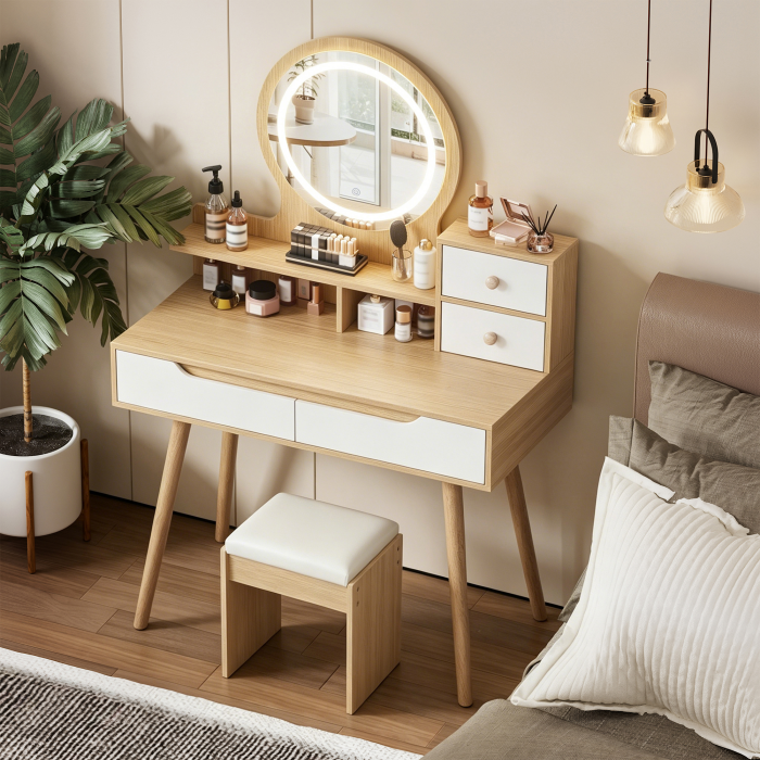 Coiffeuse，Avec miroir et éclairage LED，Lumière réglable，Avec tabouret inclus，Grande surface de travail，135 x 80 x 40 cm，Bois clair - 2