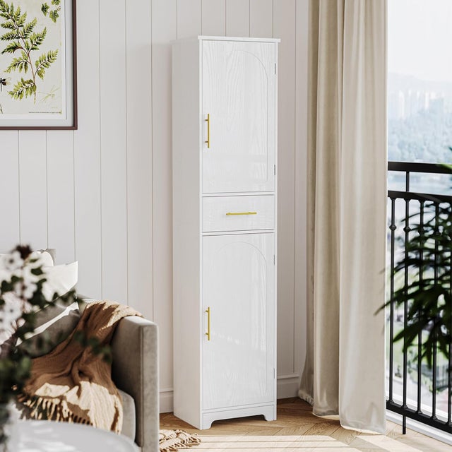 Mueble de Baño, Mueble de Almacenaje con 1 Cajón y 2 Puertas, Alto y Estrecho, para Salón, Dormitorio, Cocina y Pasillo, Blanco