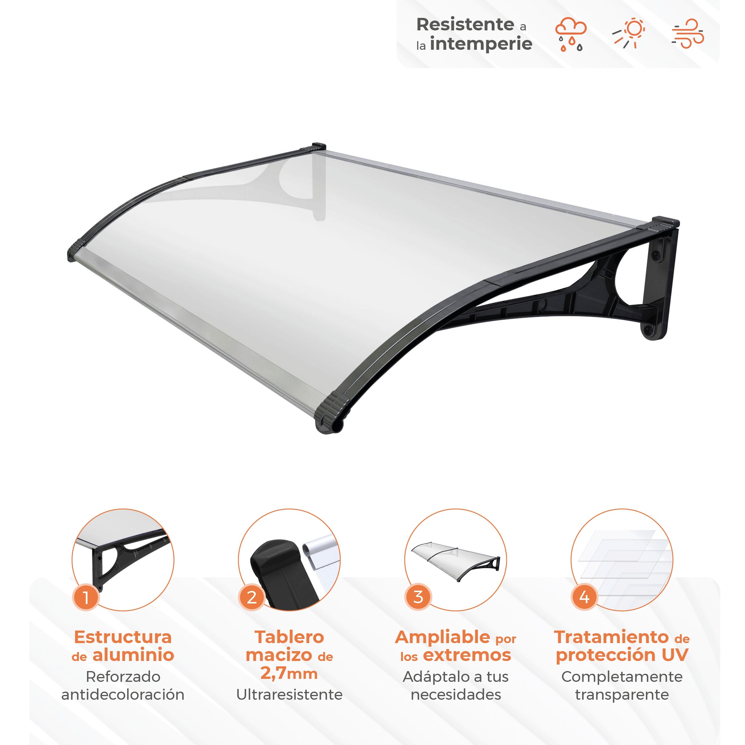 Marquise de Porte Extérieur 120x80 cm - Polycarbonate Solide 2,7mm Très Résistant - Supports Robustes en Aluminium - Panneau Transparent Anti UV - 3