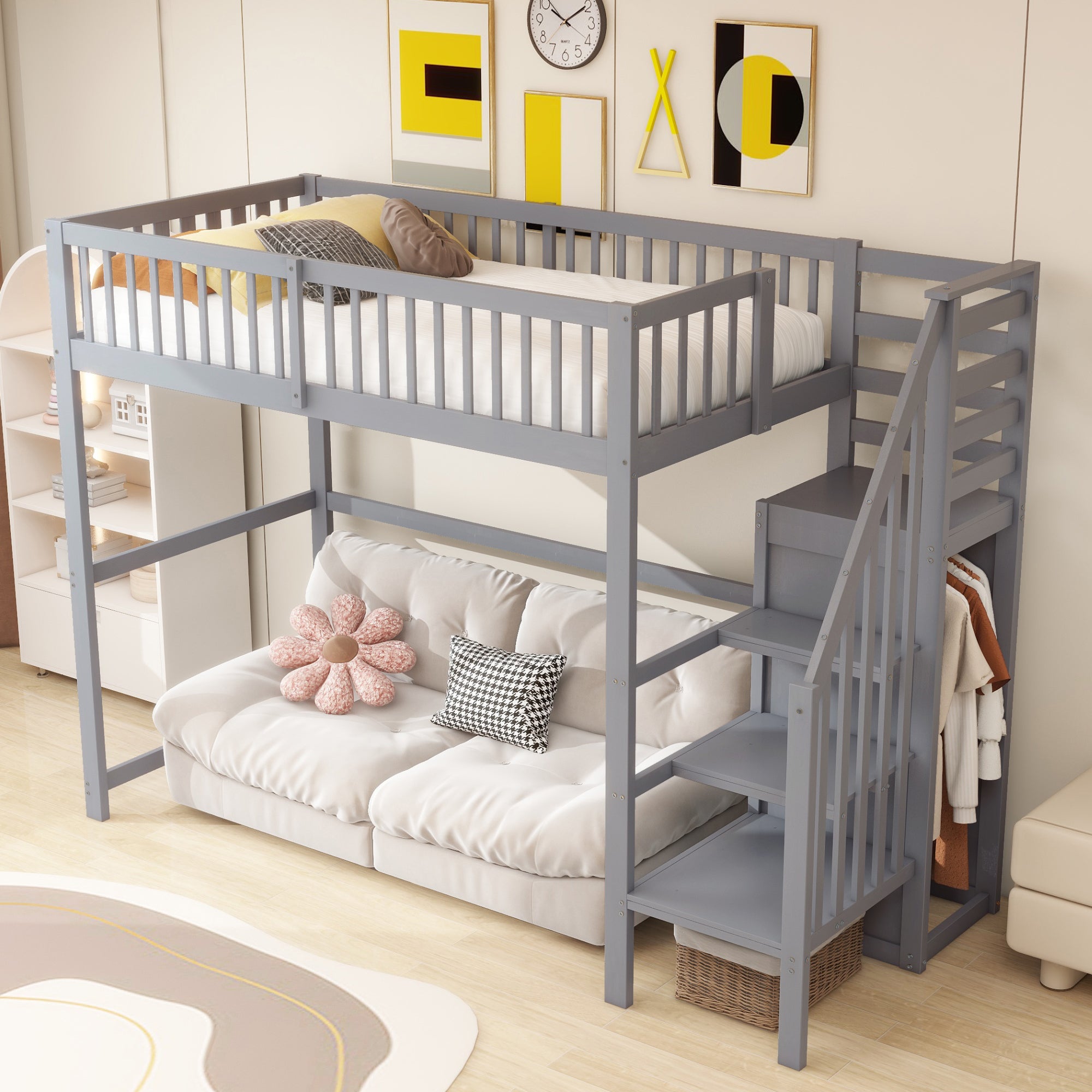 Lit mezzanine 90x200cm avec escalier, lit enfant en bois avec étagères de rangement,lit Multifonctionnel avec armoire simple, blanc - 3