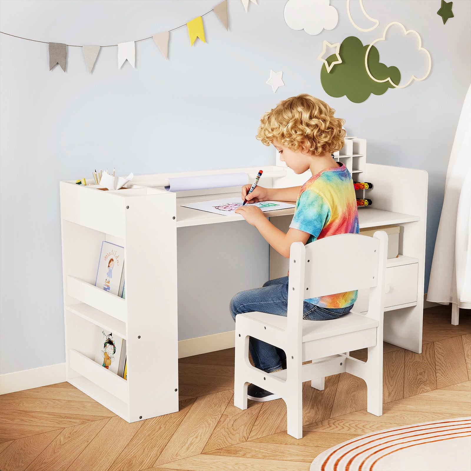 Ensemble Table et Chaises pour Enfants, Bureau de Peinture pour Enfants avec Porte-rouleau de Papier Amovible et Armoire Cubique, Tiroir de Rangement - 9