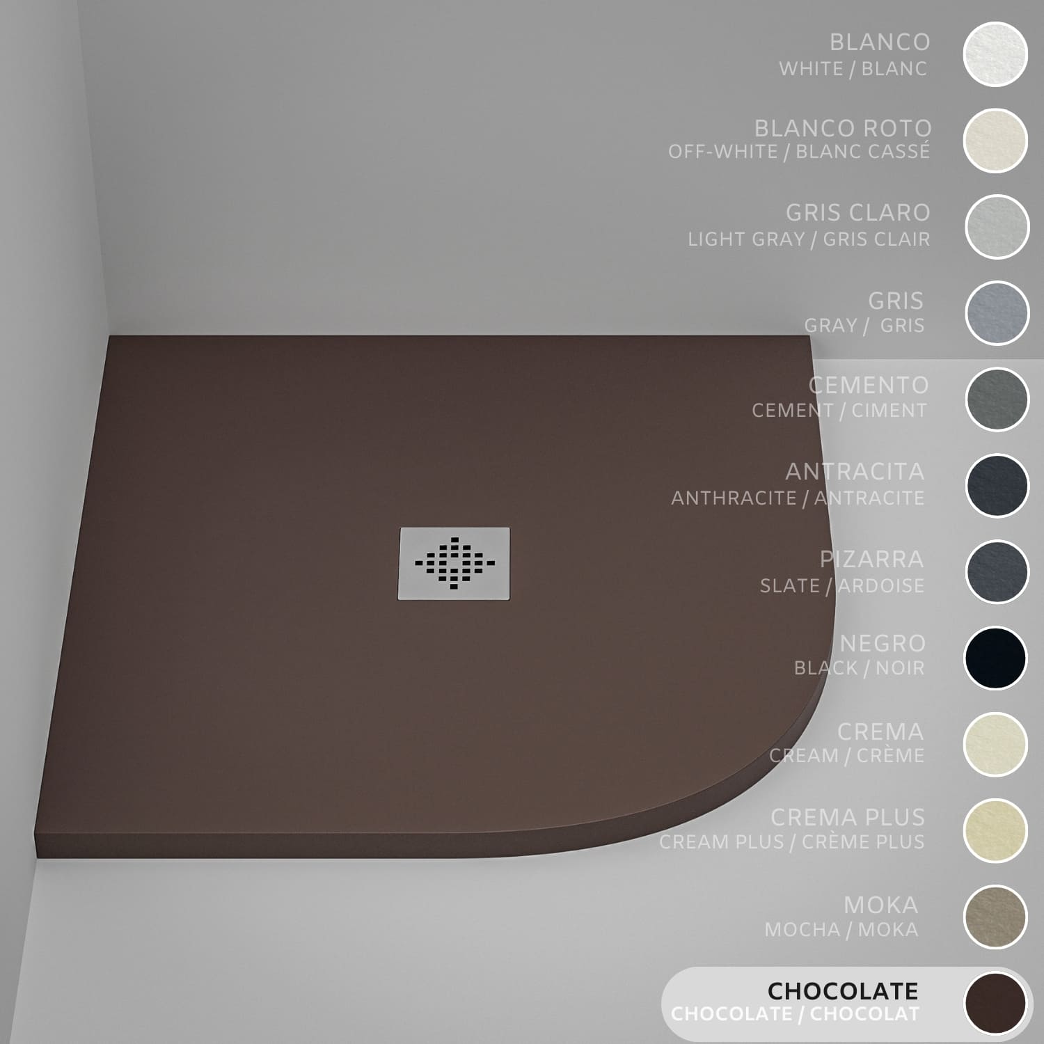 Brodzik półokrągły SOULHOME Żywica i Konglomerat Mineralny Antypoślizgowy 90x90 cm Czekoladowy - Kratka Inox