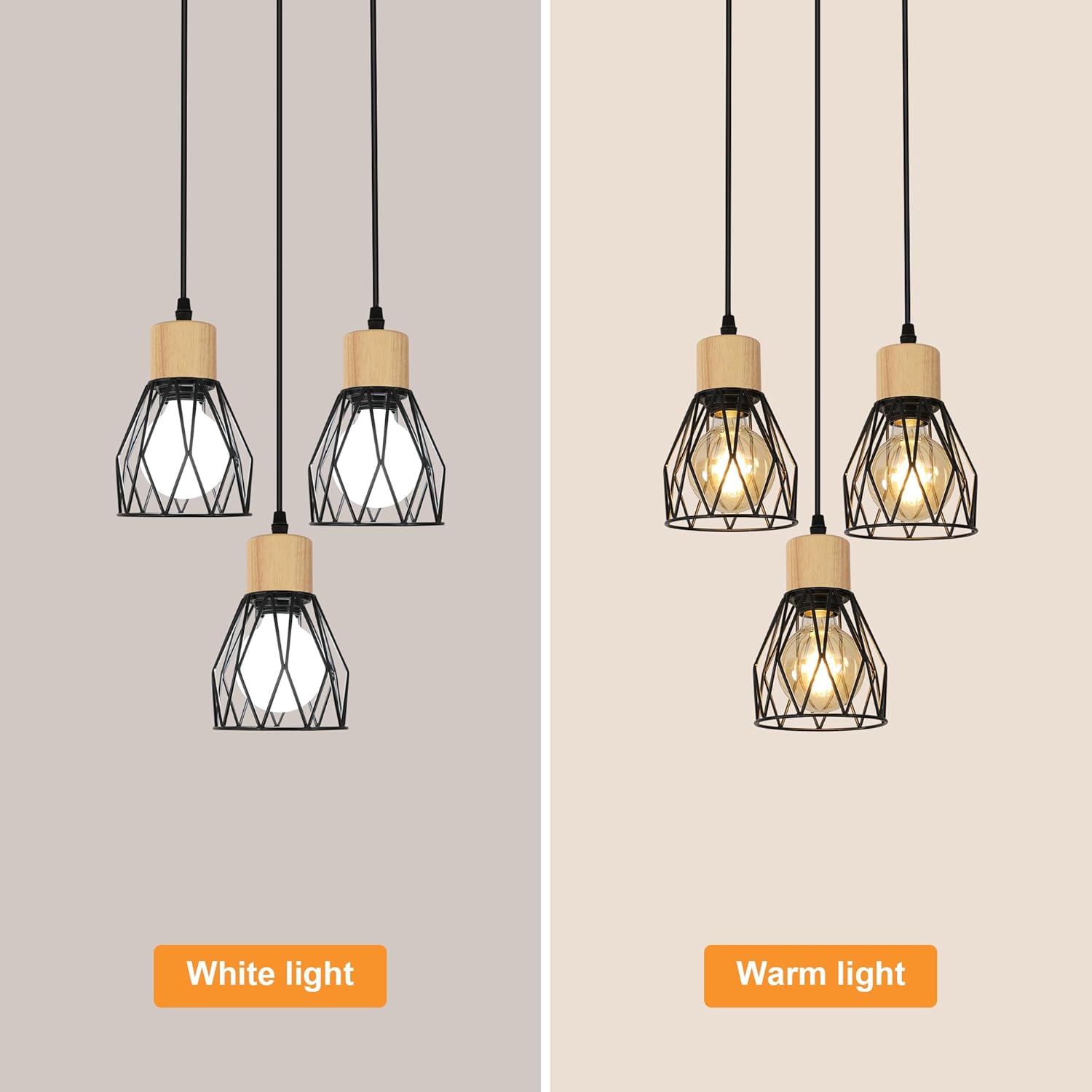 GOECO Suspension en Forme de Diamant avec Trois Abat-jours , Câble Ajustable 1m, Base E27(sans Ampoule) - 6