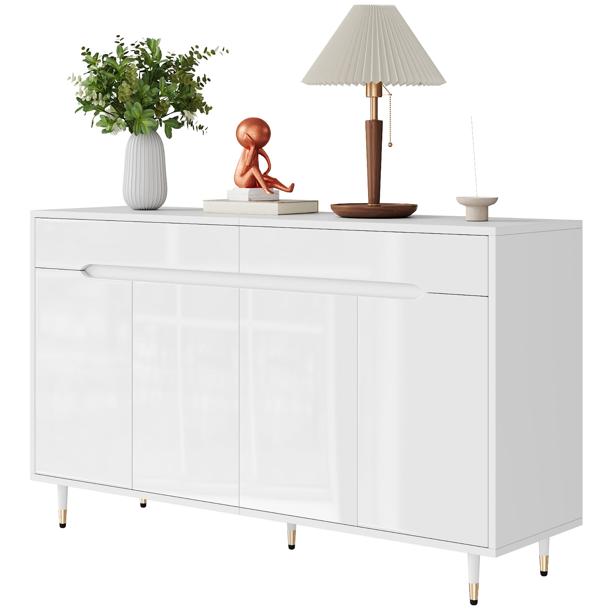 Un dulap de pantofi modern cu două uși, două sertare, rafturi reglabile și picioare aurii, perfect pentru intrare. Oferă spațiu pentru 18-24 perechi