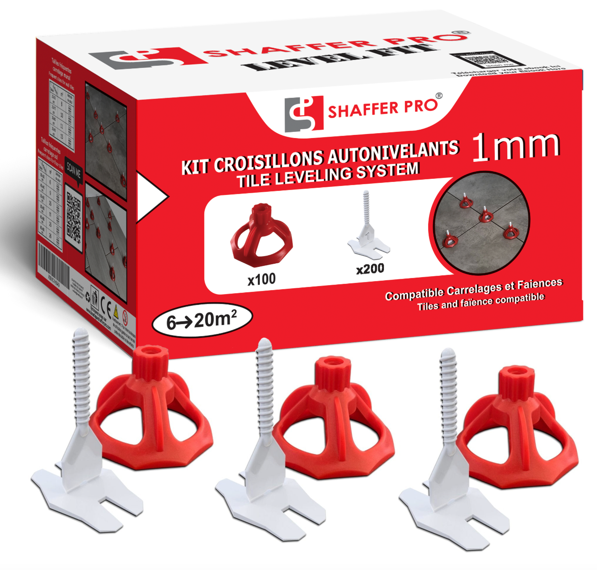 Croisillons autonivelant 1mm | 200 clips + 100 cadrans réutilisables | SHAFFER PRO| système de nivellement à vis en 