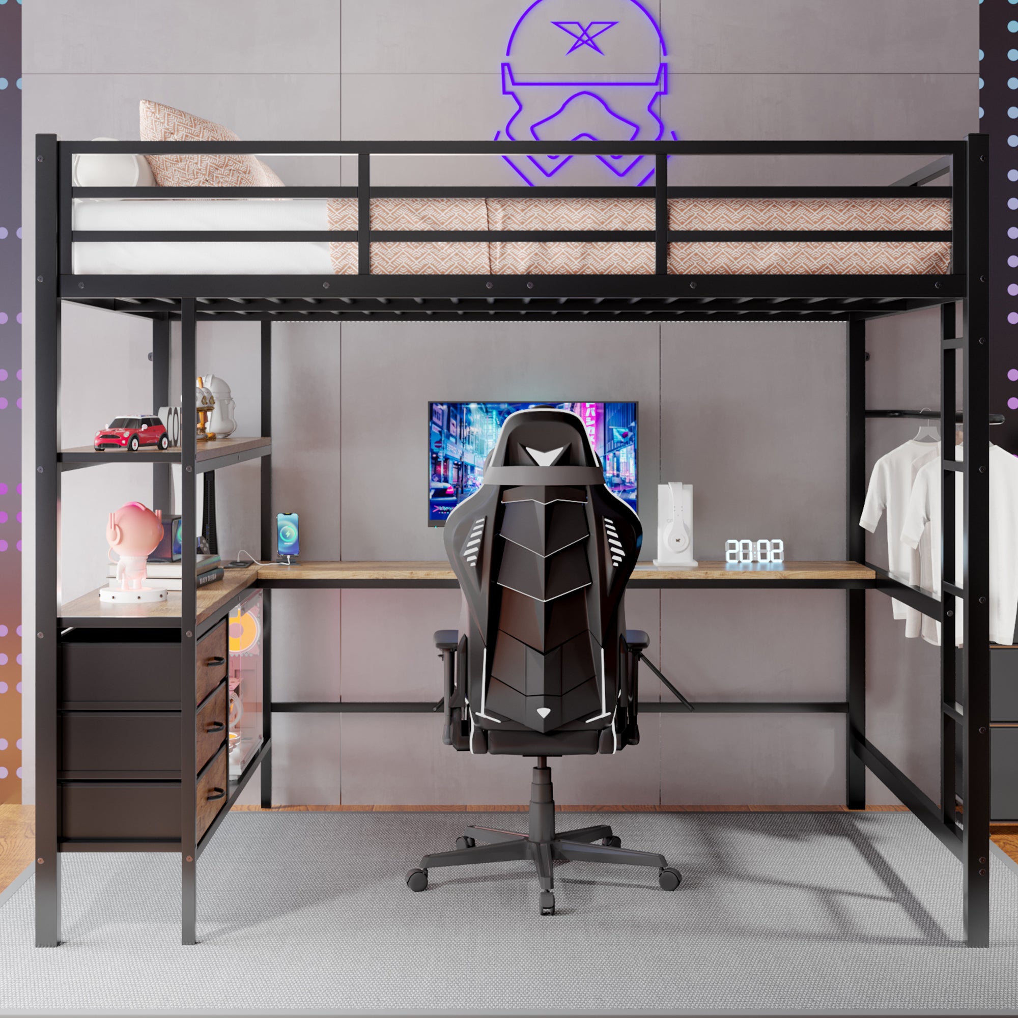 Lit mezzanine 140x200cm avec LED et prises - bureau avec 3 tiroirs et ...