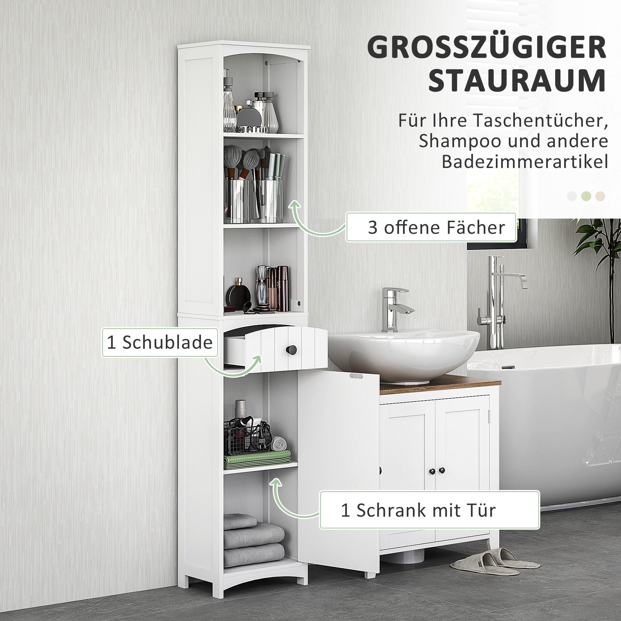 Badezimmerschrank Hochschrank mit 3 Regalen, 1 Schublade Badschrank Badregal Bad Schrank Badmöbel, Weiß, 34x24x170,5cm