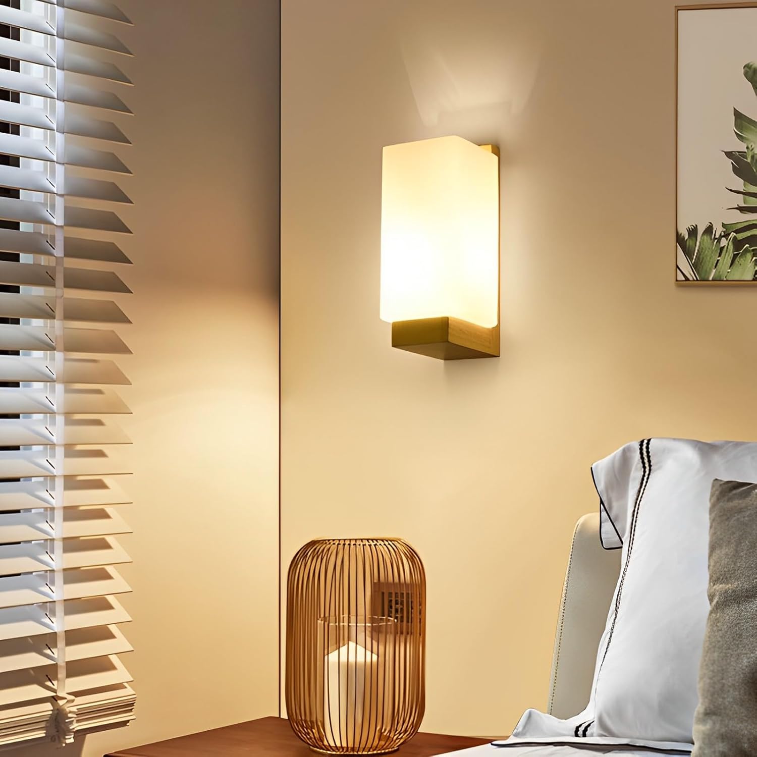 COMELY Appliques Murales en Bois Carrées E27, Lampe Murale avec Abat-Jour en Verre Blanc, Luminaire Intérieur pour Chambre Salon Salle de Bain Couloir - 8