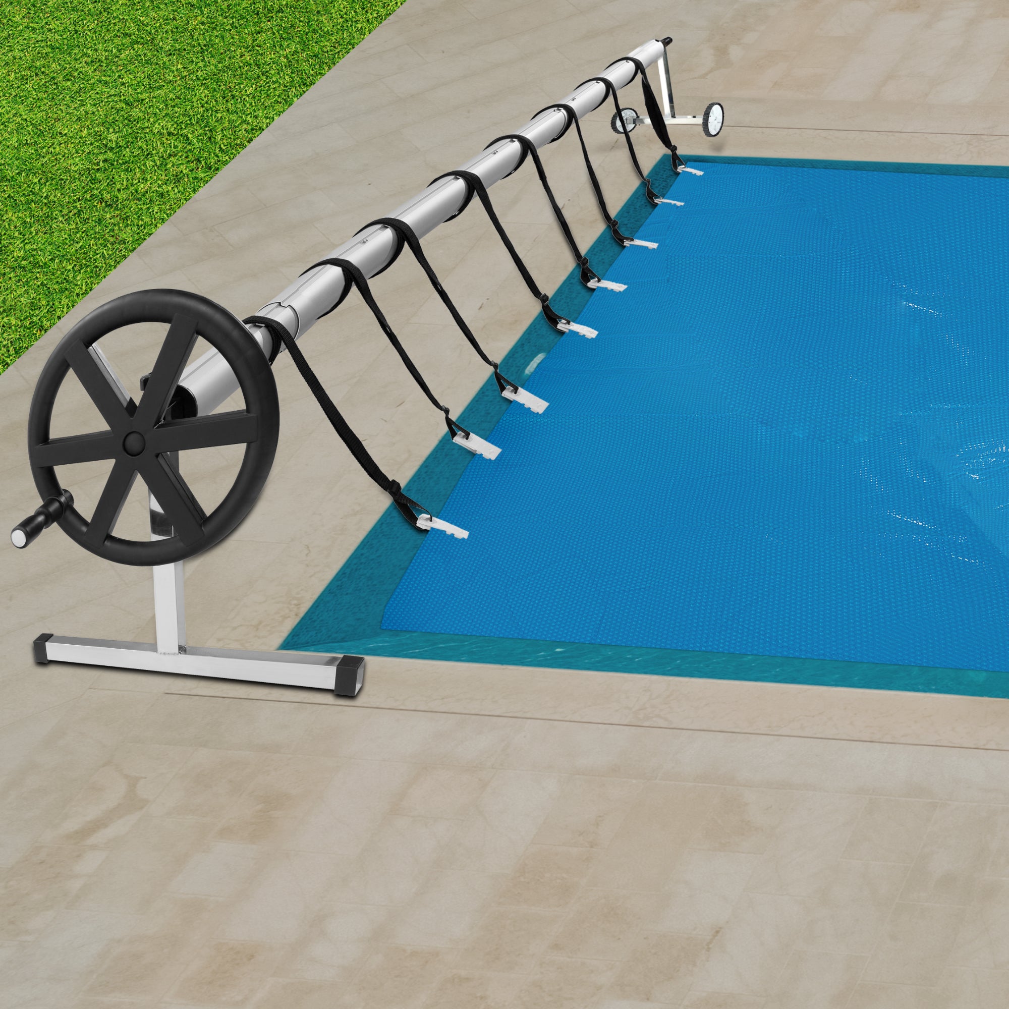 AREBOS Système d'enroulement mobile pour bâches solaires et bâches de piscine longueur de 3m - 5,70m Fixation et Rouleaux Inclus - 9