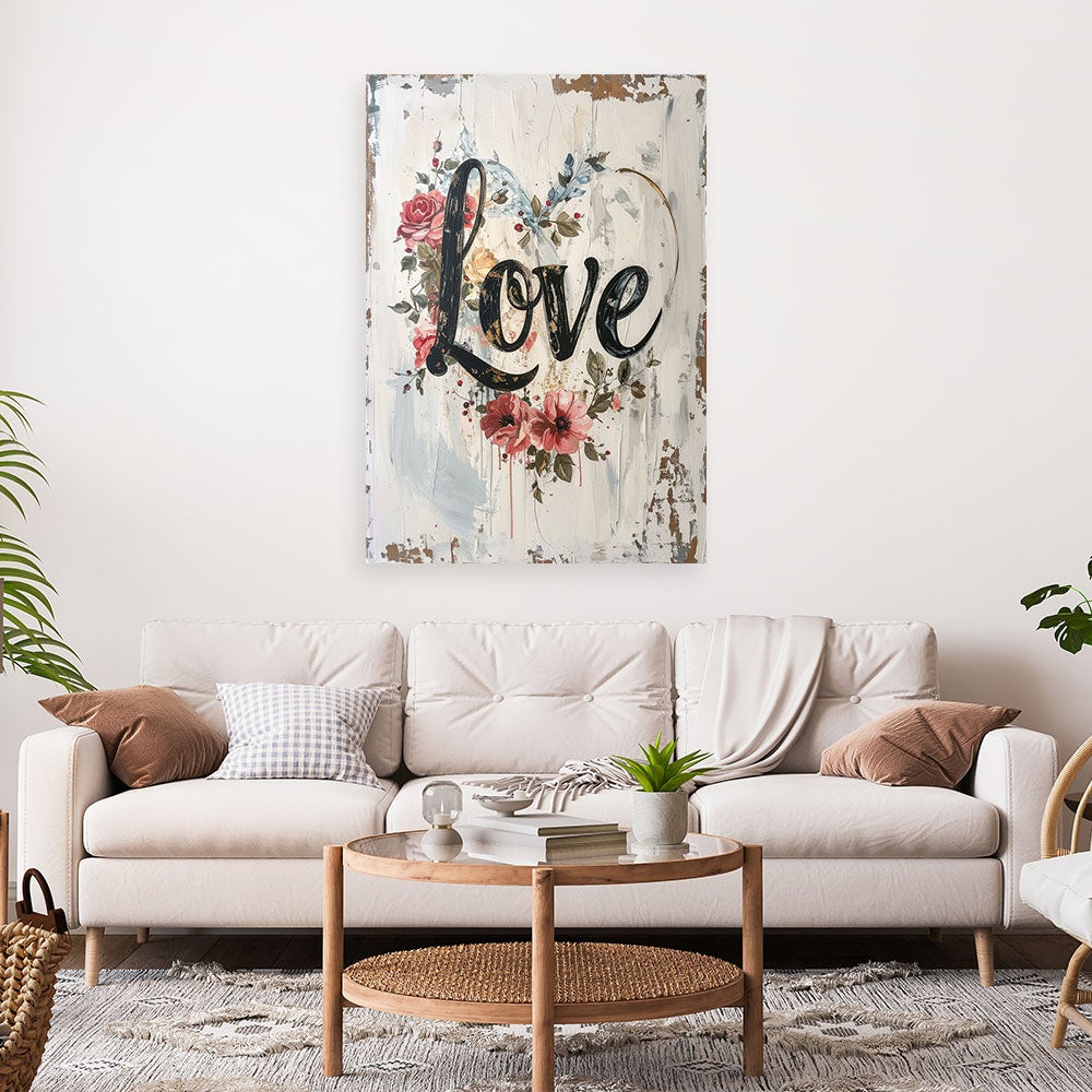 Obraz do salonu sypialni biura loftu, Napis Love róze w stylu shabby chic 60x90 - 2
