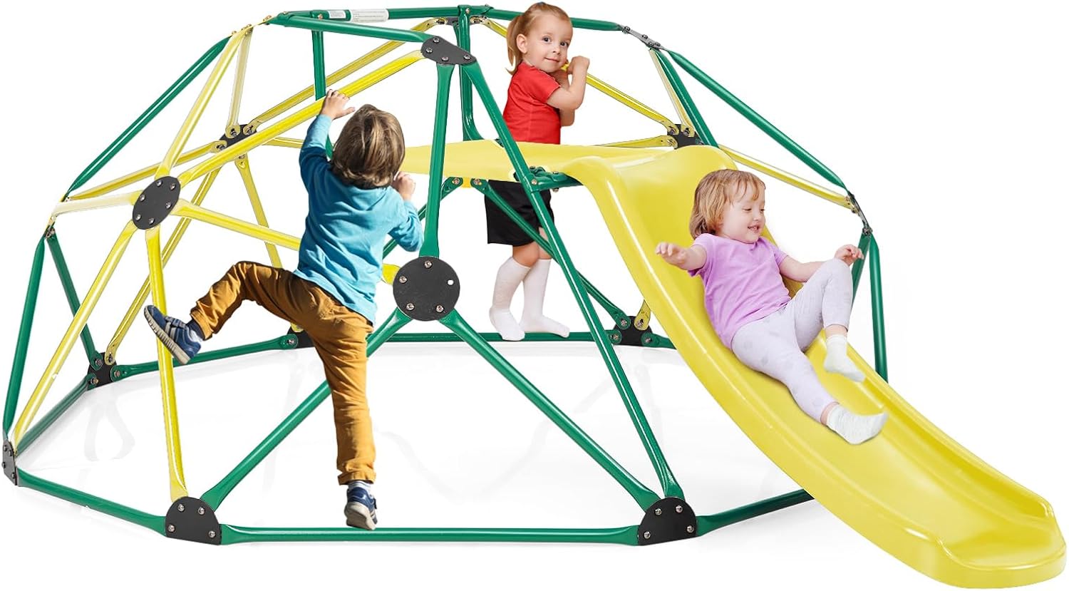 Zestaw 2 w 1: Kopuła do Wspinaczki i Zjeżdżalnia, Stabilna Metalowa Drabinka Geometryczna o Nośności 150 kg, Plac Zabaw (Zielony + Żółty)