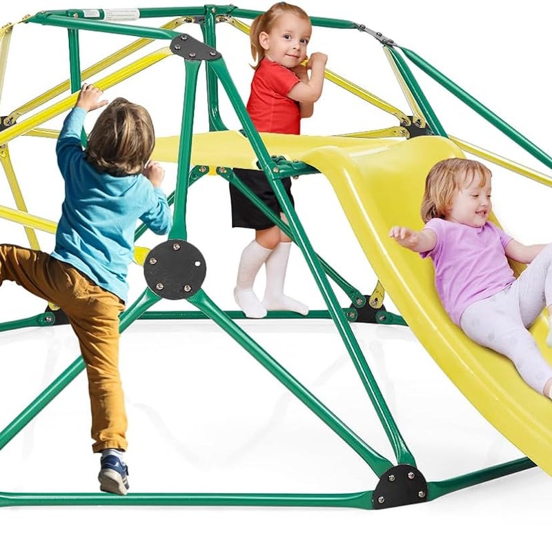 Zestaw 2 w 1: Kopuła do Wspinaczki i Zjeżdżalnia, Stabilna Metalowa Drabinka Geometryczna o Nośności 150 kg, Plac Zabaw (Zielony + Żółty)