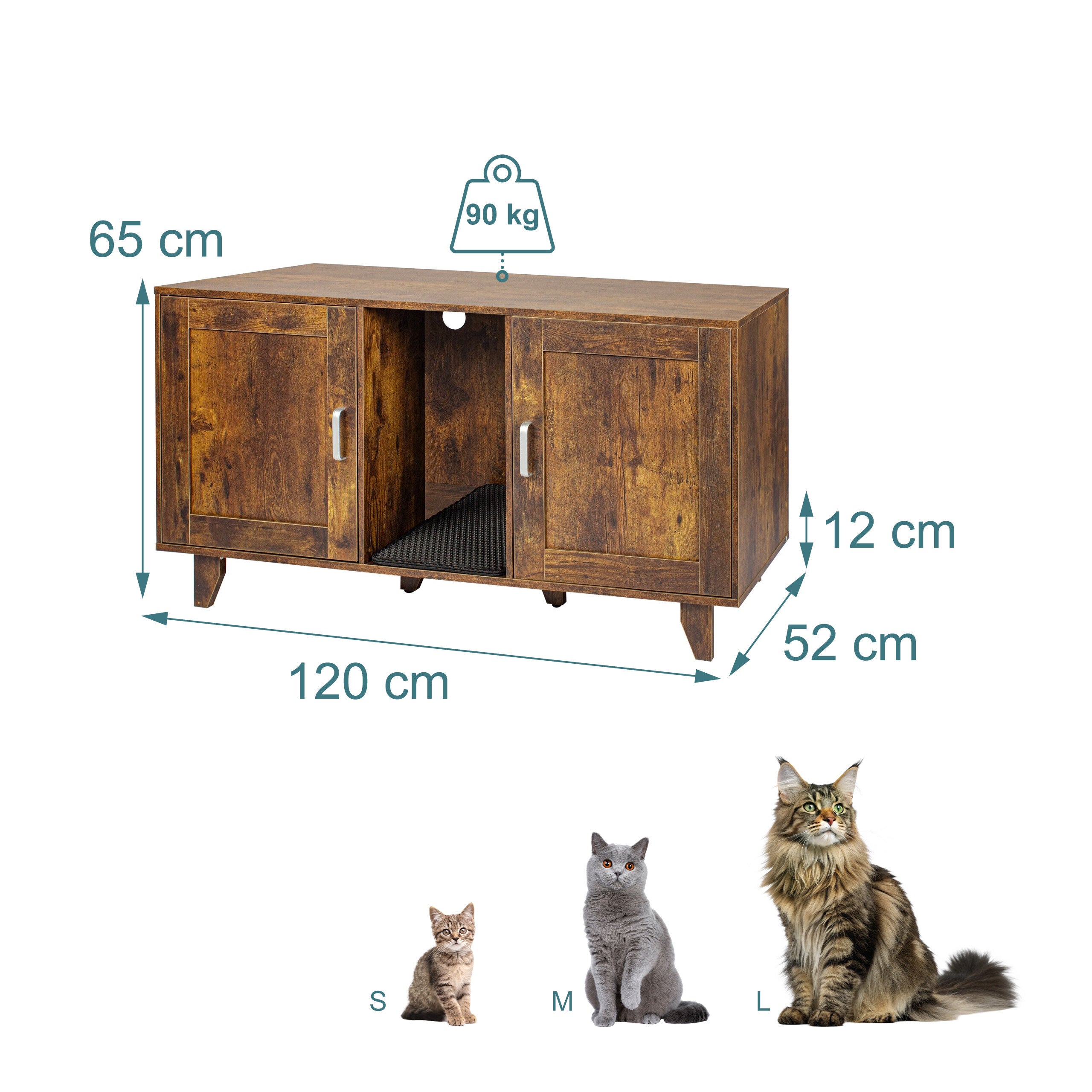 Armário para caixa de areia XXL com 2 compartimentos, casa para gatos com tapete, 65 x 120 x 52 cm, castanho vintage, Relaxdays - 4