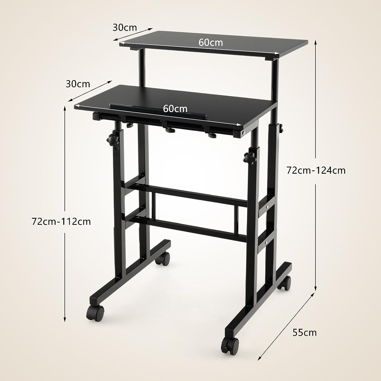 Bureau Assis-Debout à roulettes, Table Informatique à 2 Niveaux pour Ordinateur (Noir) - 3