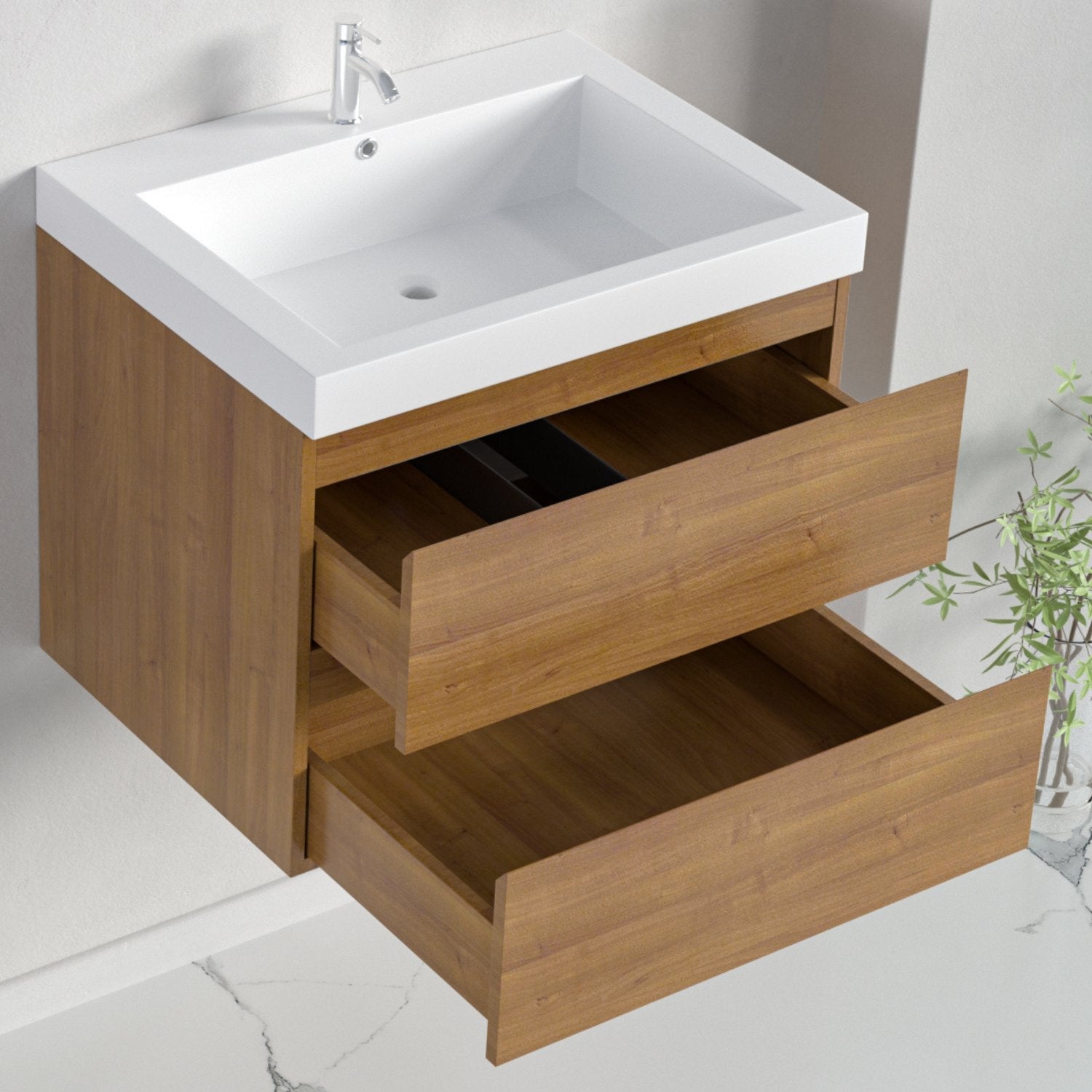 Mueble de baño suspendido con lavabo 60 cm roble dorado con 2 cajones - LOMAZOO Monaco - 7