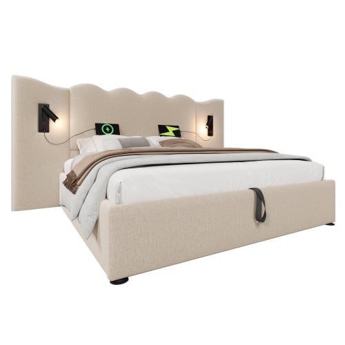 Lit Double 160x200 Avec Tête De Lit Velours, Lampes Et Tables De Chevet – Coffre De Rangement Hydraulique – Cadre Métal, Sommier Inclus – Beige