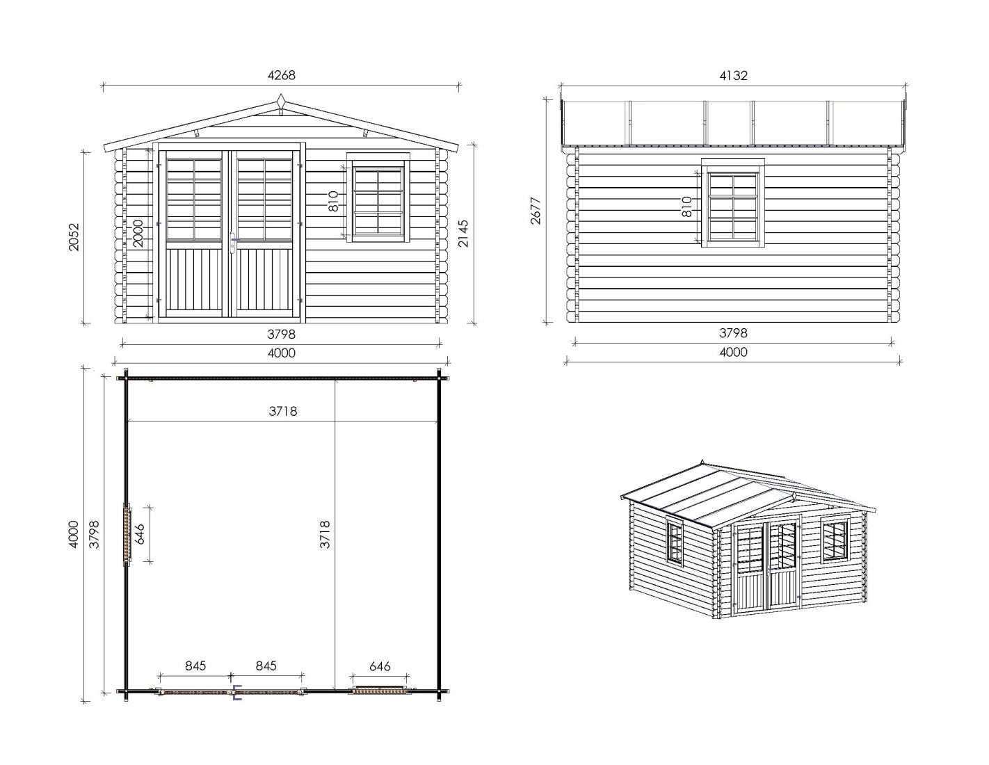 Abri de jardin en bois - 16m2 - 4x4m - Ep. 40mm - Couleur: naturel - DOM611 - ALTANKA - 3