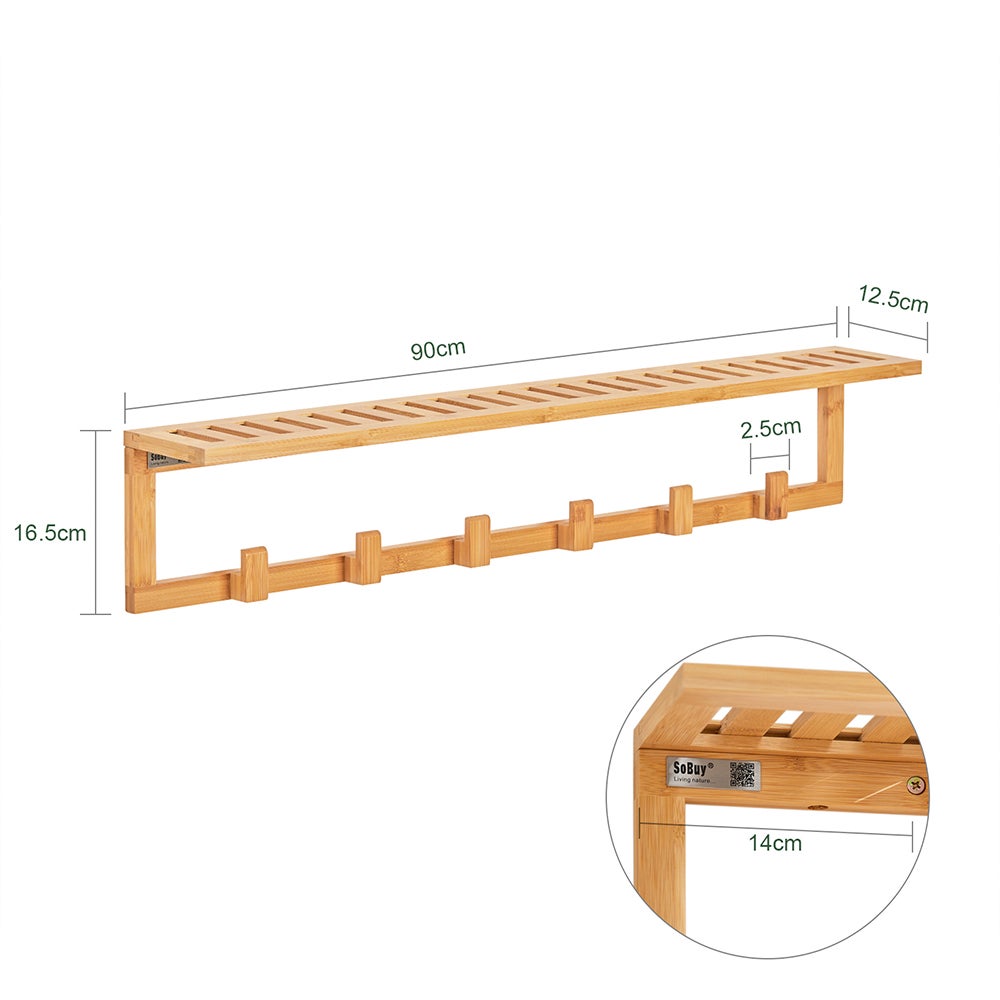 SoBuy Półka na ścianę z 6 hakami, bambus FHK06-N - 3