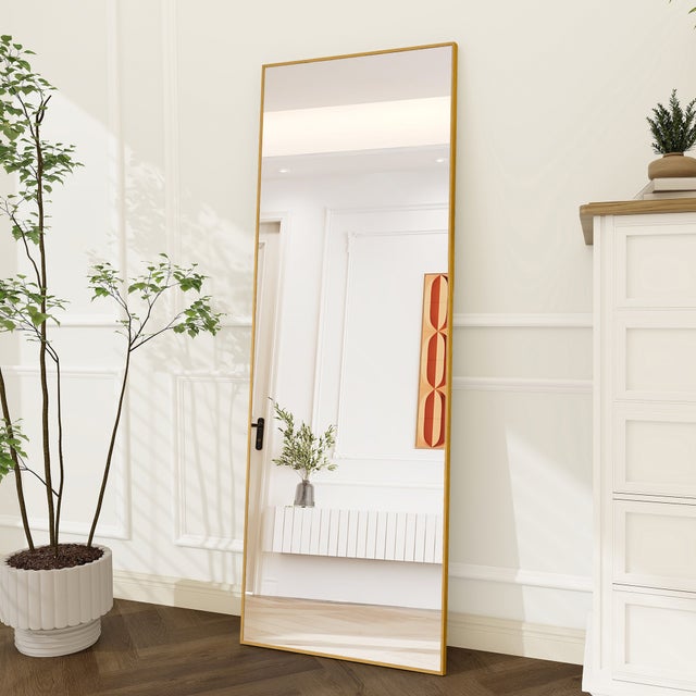 Espejo rectangular de pie 164x54 cm, espejo grande de suelo con marco metálico, para dormitorio, vestidor y salón, dorado