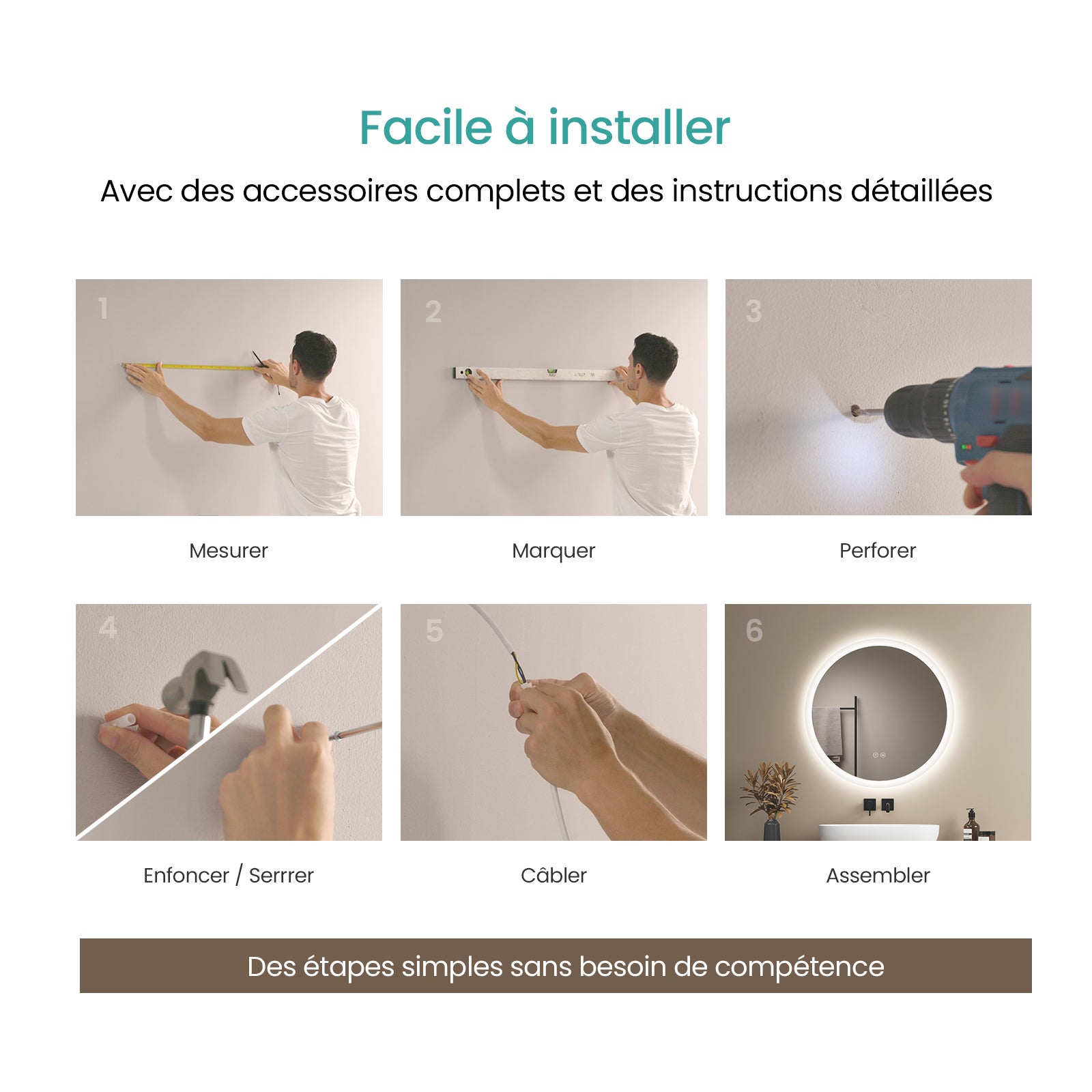 EMKE Miroir lumineux salle de bain rond diamètre 50cm, Miroir LED avec Interrupteur Tactile, Anti-buée, Miroir avec éclairage 3 couleurs - 8