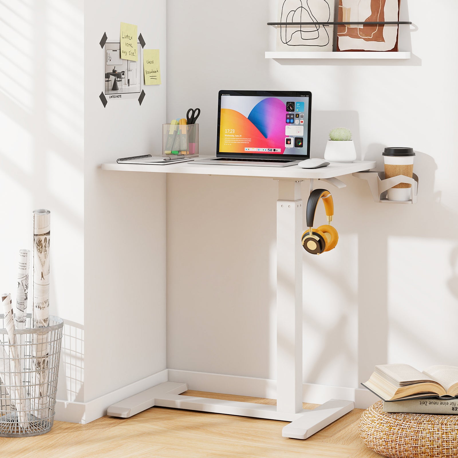 Escritorio Elevable COSTWAY 60x40cm - Mesa Auxiliar Con Ruedas, Ajuste Neumático 65,5-100 Cm, Soporte Vaso Y Gancho Auriculares